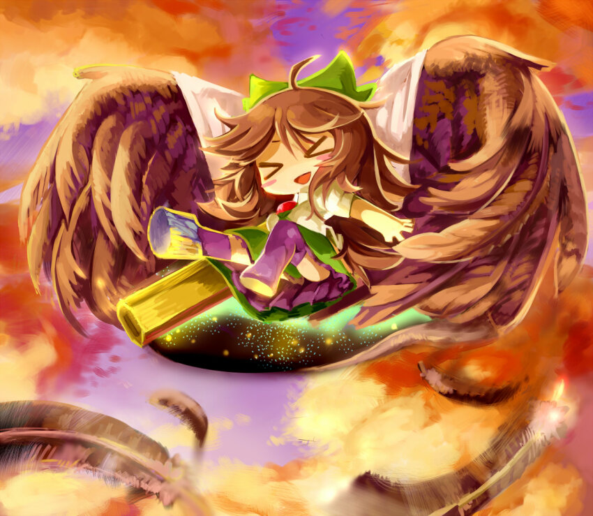 &gt;_&lt; 1girl :d ahoge arm_cannon ayuki_(47881314) black_wings blush_stickers bow brown_hair cape chibi chibi_only closed_eyes collared_shirt commentary_request control_rod_(touhou) cookie_(touhou) falling_feathers feathered_wings feathers flying full_body green_bow green_skirt hair_bow long_hair nadeko_(cookie) open_mouth print_cape purple_sky purple_thighhighs reiuji_utsuho shirt skirt sky smile solo starry_sky_print thighhighs third_eye touhou two-sided_cape two-sided_fabric weapon white_cape white_shirt wings xd