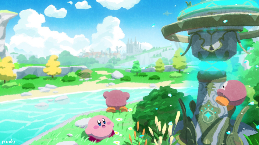 :o arms_up artist_name beach blue_eyes blush blush_stickers bush cathedral cliff climbing commentary_request facing_away genshin_impact grass kirby kirby_(series) mountain nintendo no_humans nody_(nody_lowmoo) open_mouth plant rock sand scenery standing statue statue_of_the_seven tree waddle_dee water