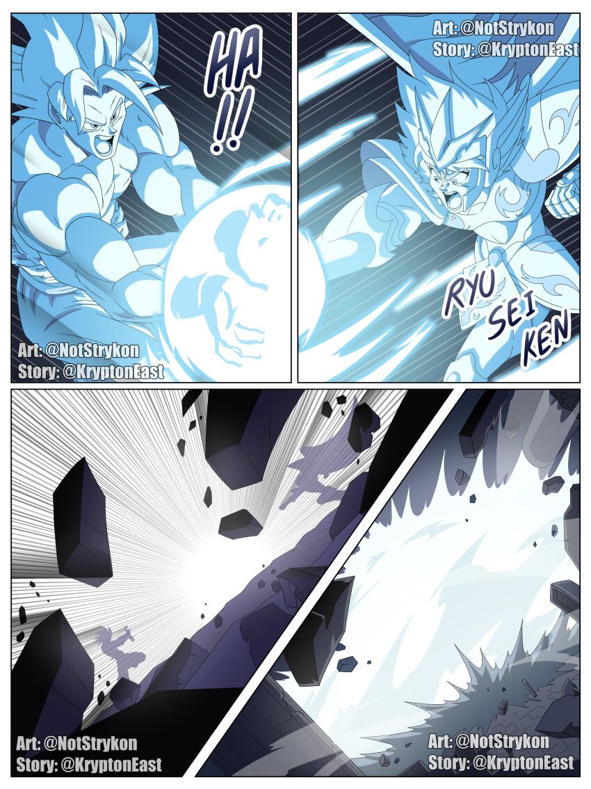 2boys absurdres armor battle brown_hair clash dragon_ball dragon_ball_super energy_beam god_cloth highres kamehameha_(dragon_ball) multiple_boys muscular notstrykon orange_dougi pegasus_seiya saint_seiya short_hair shoulder_armor son_goku topless_male ultra_instinct