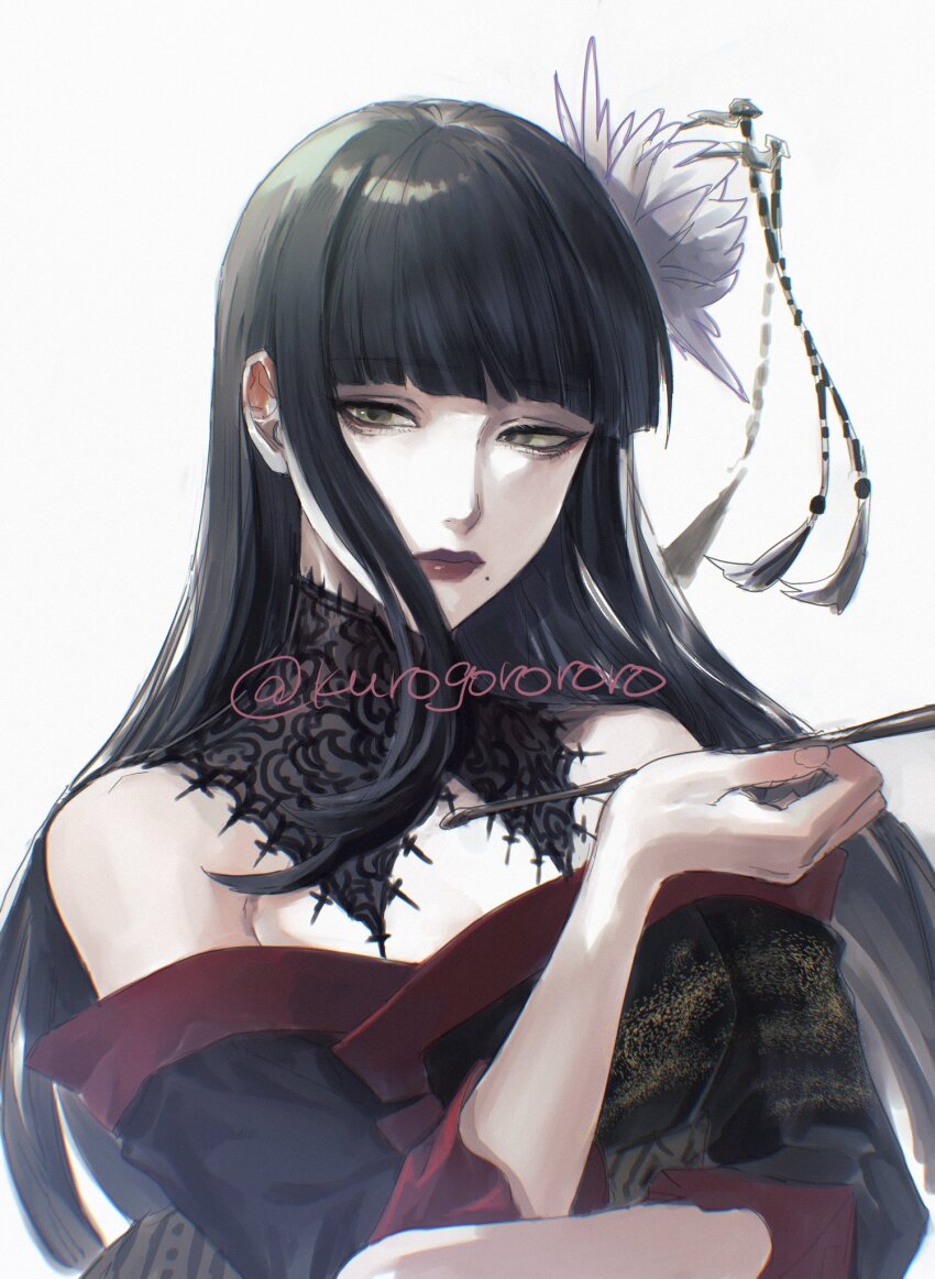 1girl artist_name black_collar black_hair black_kimono collar final_fantasy final_fantasy_xiv flower green_eyes hair_flower hair_ornament hand_up highres holding holding_smoking_pipe hyur japanese_clothes kimono kiseru kurogorororo long_hair mole mole_under_mouth off_shoulder red_trim redrawn simple_background smoking_pipe solo twitter_username upper_body white_background yotsuyu_goe_brutus