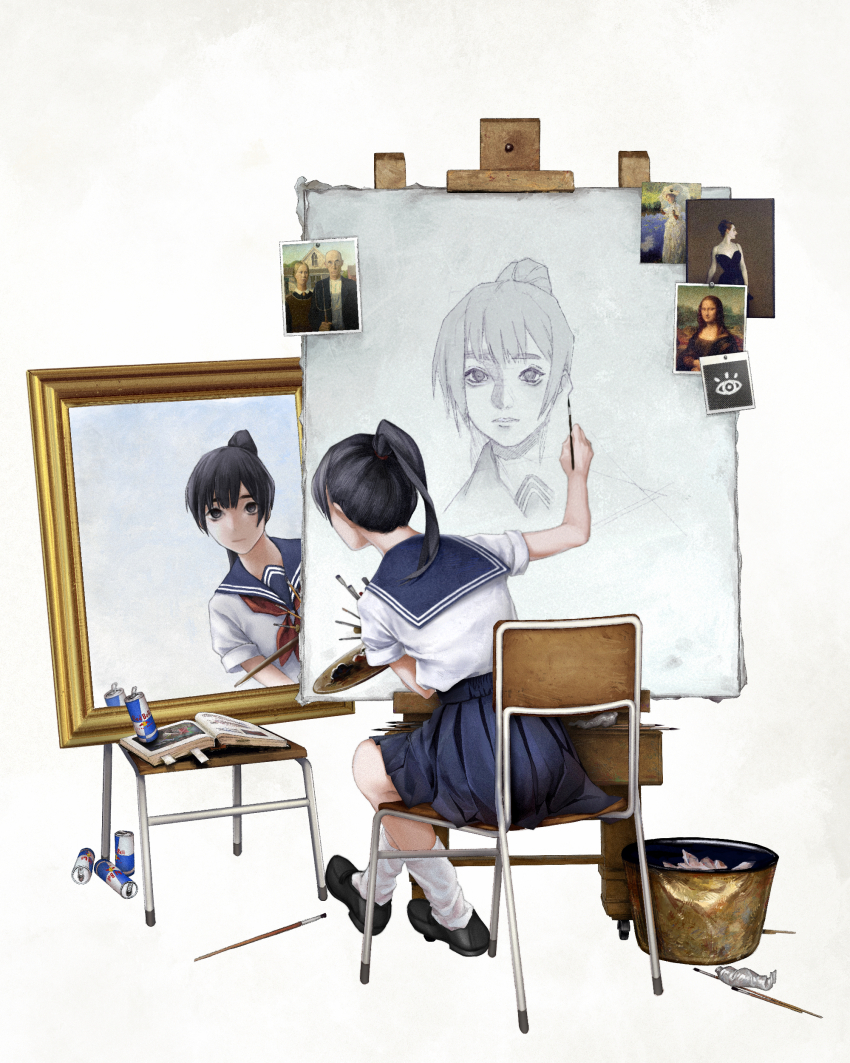 1girl absurdres american_gothic arm_up artist_logo black_eyes black_hair book can canvas_(object) chair commentary crossed_legs drawing easel english_commentary fine_art_parody highres holding holding_paint_palette holding_paintbrush holding_paint_palette leaning_to_the_side logo looking_at_mirror loose_socks mirror mona_lisa neckerchief on_chair open_book original paint_palette paint_tube paintbrush painting_(action) paint_palette parody pleated_skirt ponytail red_bull red_neckerchief reflection sailor_collar sailor_shirt school_uniform serafuku shirt short_sleeves sitting skirt socks solo trash_can triple_self-portrait_(norman_rockwell) zero808w