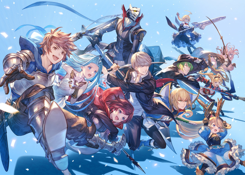 arc_system_works black_jacket blazblue blazblue:_cross_tag_battle blonde_hair blue_background blue_eyes blue_hair blush brown_hair charlotta_(granblue_fantasy) closed_mouth confetti crossover es_(xblaze) closed_eyes fedora fingerless_gloves gloves gran_(granblue_fantasy) granblue_fantasy granblue_fantasy_versus green_eyes green_hair harvin hat hazama highres holding holding_sword holding_weapon izanagi_(persona_4) jacket katana kisaragi_jin long_hair lyria_(granblue_fantasy) narmaya_(granblue_fantasy) narukami_yu official_art open_mouth persona persona_4 purple_hair red_hair ruby_rose rwby shadow simple_background smile sword very_long_hair weapon zeta_(granblue_fantasy)