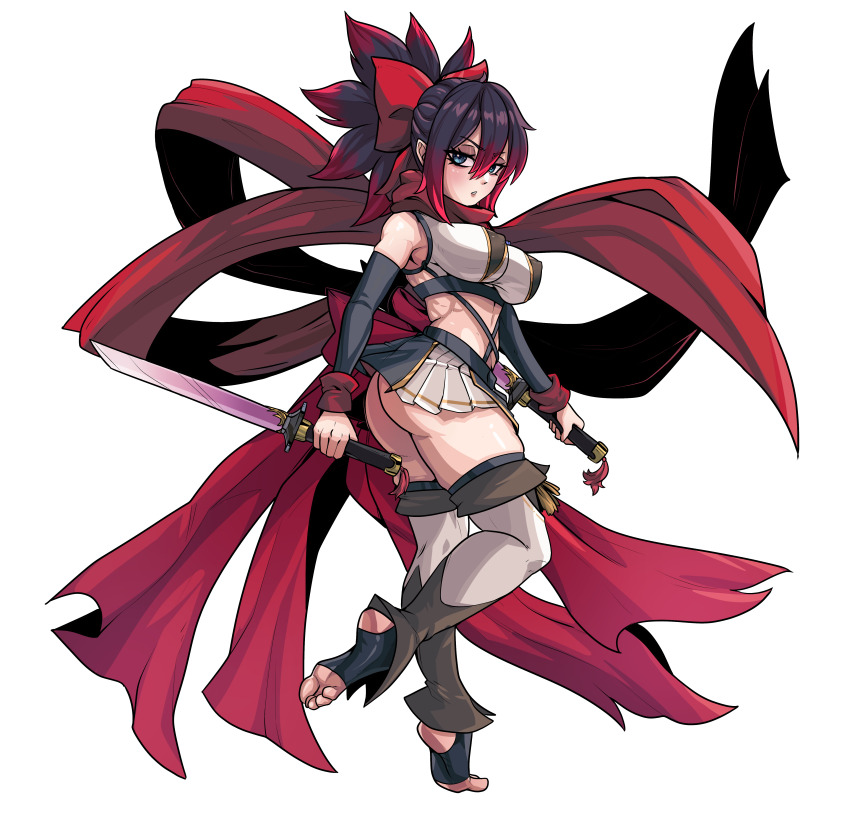 1girl absurdres ass bad_link bare_shoulders black_hair bow breasts catyla_(bird8700) covered_erect_nipples dual_wielding feet fighting_stance highres holding holding_sword holding_weapon large_breasts long_bangs looking_at_viewer looking_back midriff multicolored_hair ninja original parted_lips pleated_skirt red_bow red_hair red_scarf revealing_clothes ribs scarf scowl shiny_skin skirt soles solo stirrup_legwear sword tassel thick_thighs thighs toeless_legwear toes toned toned_female transparent_background two-tone_hair unusualpie weapon