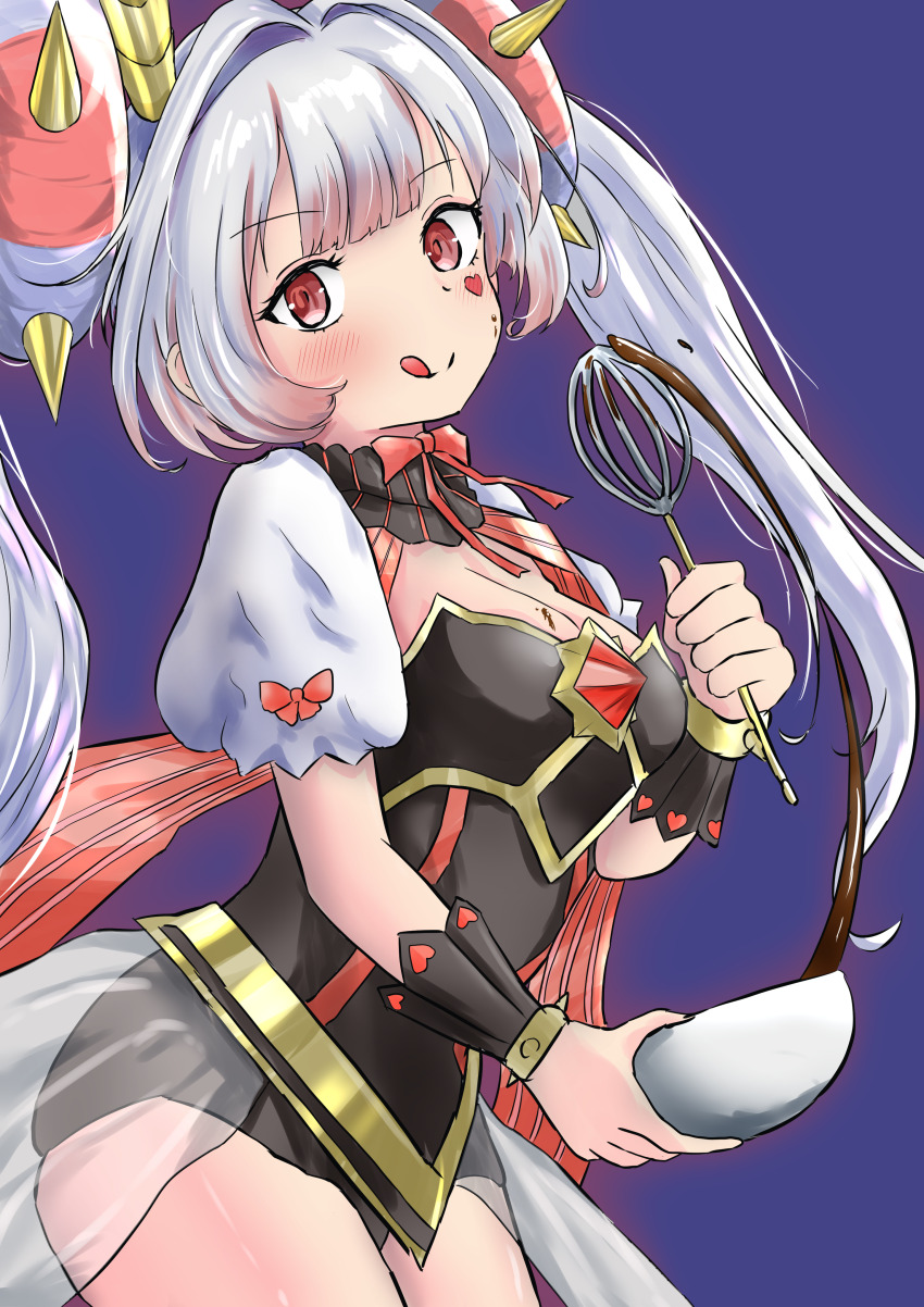 1girl absurdres blue_background blush bow bowl bracelet breasts chocolate_making cleavage closed_mouth double_bun duel_monster from_side gt_majoyan hair_bun heart heart_tattoo highres holding holding_bowl holding_whisk jewelry large_breasts leotard looking_at_viewer maliss_&lt;p&gt;_white_rabbit rabbit_girl red_bow red_eyes short_sleeves simple_background smile solo tattoo tongue tongue_out twintails whisk white_hair yu-gi-oh!