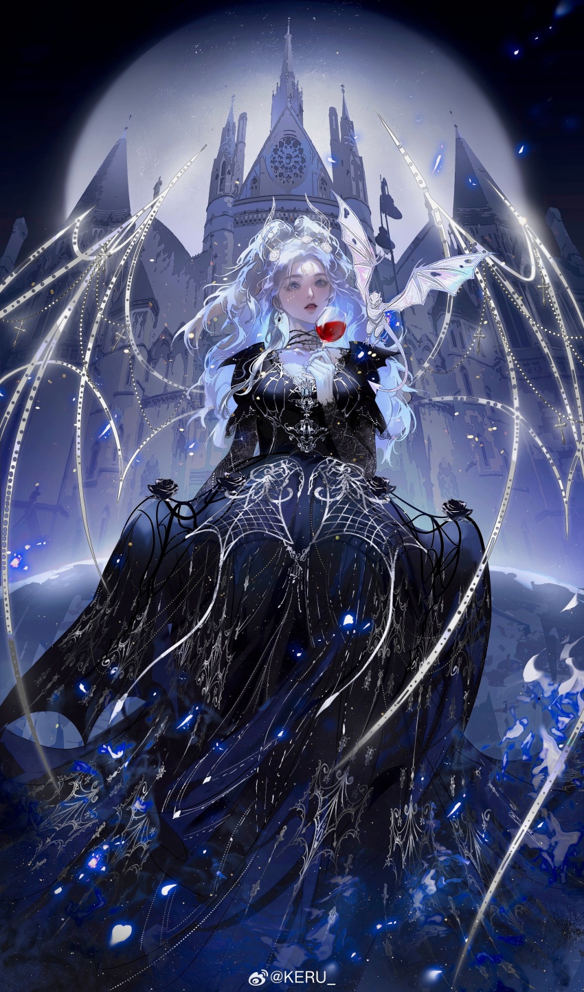1girl absurdres alcohol arm_at_side bat_wings black_choker black_dress black_flower black_rose blue_eyes blue_fire castle chinese_commentary choker crescent crescent_facial_mark cup demon_horns demon_wings dress drinking_glass earrings facial_mark falling_petals fire flower forehead_mark full_body full_moon gargoyle gown hair_flower hair_ornament half_updo hand_up highres holding holding_cup horns jewelry keru233 life_makeover lips long_hair long_sleeves mark_under_eye mini_person miniboy mole mole_under_eye moon night parted_bangs parted_lips patterned_clothing petals print_dress red_wine rose solo teardrop_facial_mark translucent_horns transparent_wings watermark wavy_hair weibo_watermark white_flower white_hair white_horns white_rose white_wings wine wine_glass wings
