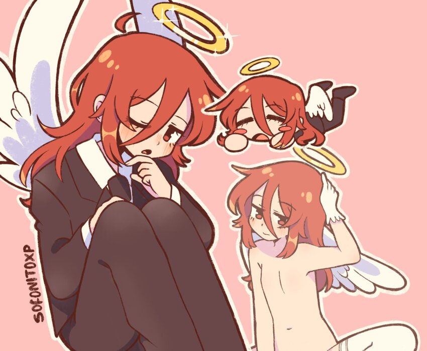 1boy ahoge angel_devil_(chainsaw_man) angel_wings black_necktie black_pants chainsaw_man chibi formal_clothes gloves hair_between_eyes halo highres long_hair necktie one_eye_closed pants red_eyes red_hair sofo_soup solo suit white_gloves wings