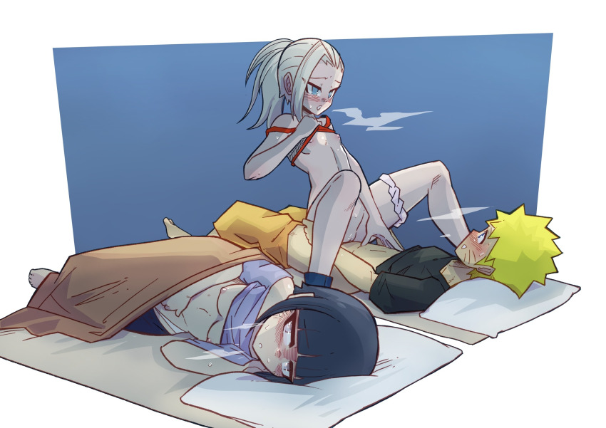 1boy 2girls aged_down bed blanket blonde_hair blue_eyes blush bowl_cut breasts clothed_sex clothes_lift clothes_pull cowgirl_position facial_mark feigning_sleep female_masturbation fishnets hetero highres hyuuga_hinata loli long_hair masturbation mr-e multiple_girls naruto_(series) netorare nipples panties_around_leg pants pants_pull pillow ponytail shirt_lift short_hair shota small_breasts straddling sweat uzumaki_naruto vaginal whisker_markings yamanaka_ino