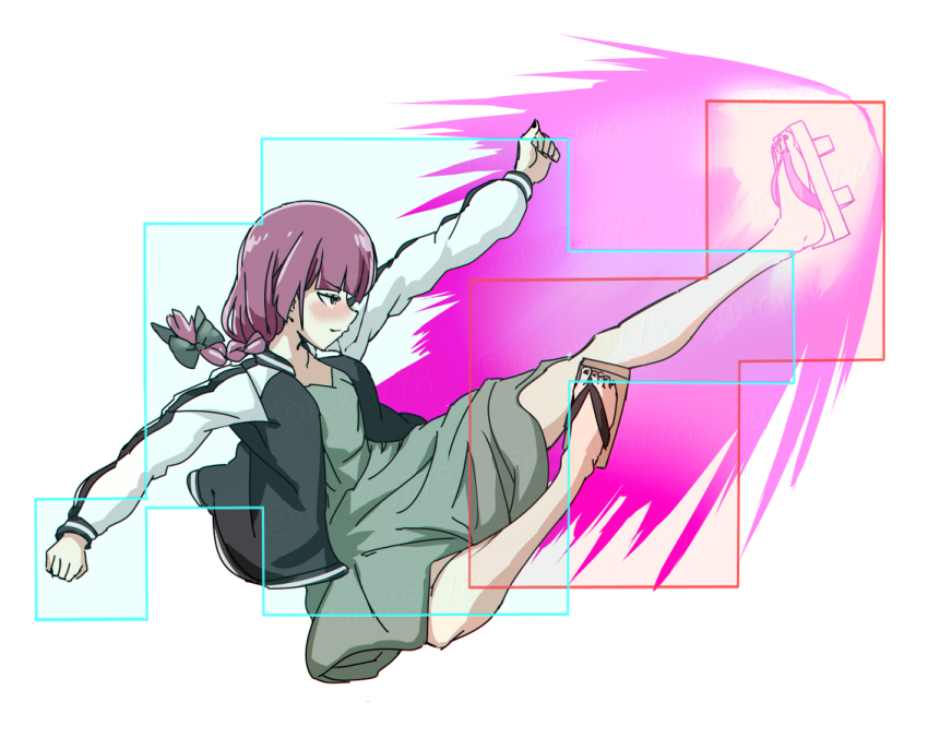 1girl aura black_jacket blush dress fighting_game genocide_cutter geta green_dress hiroi_kikuri hitbox hokuto_no_ken jacket open_clothes open_jacket purple_hair shin_(hokuto_no_ken) sleeveless sleeveless_dress solo thighs torako_(toramaru) white_background