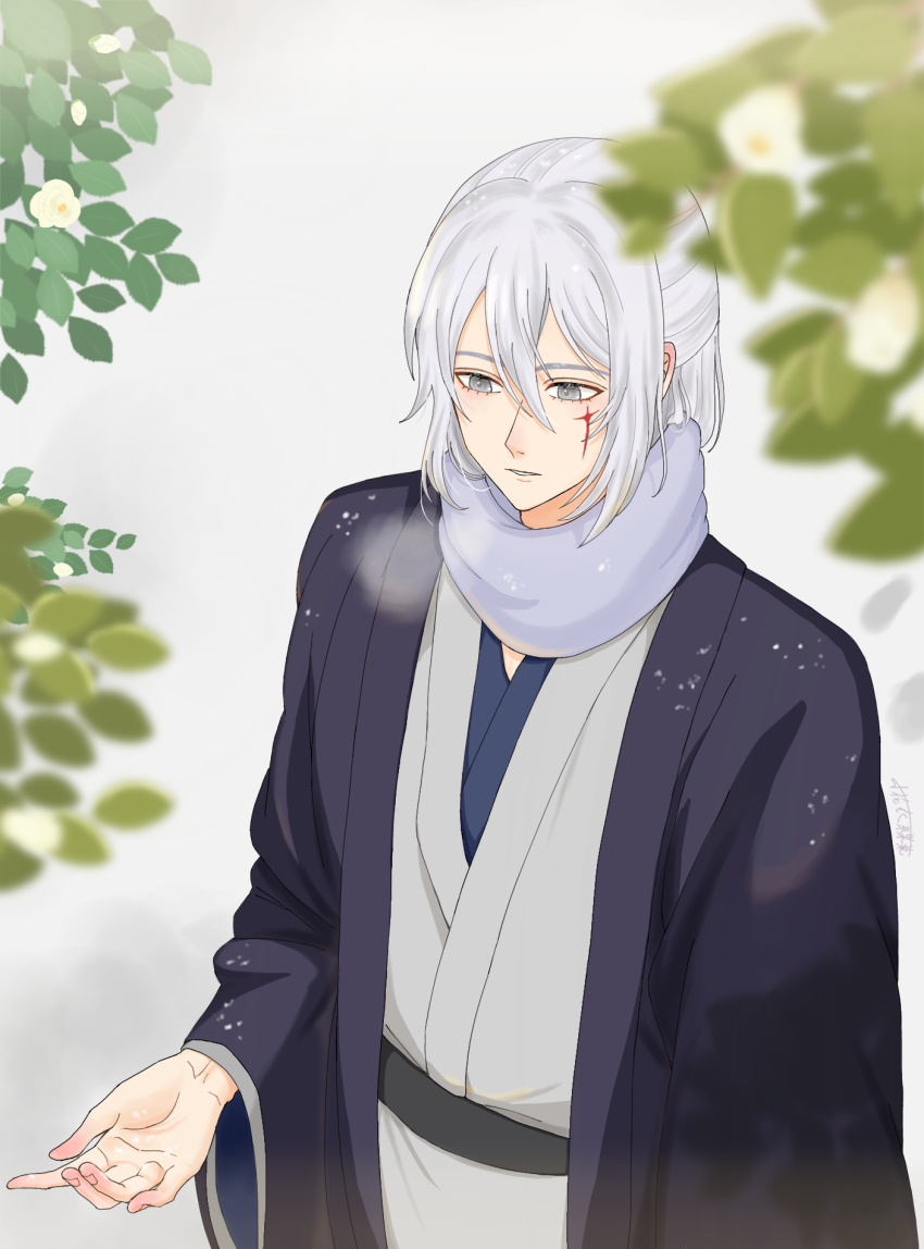 1boy alternate_costume black_jacket breath commentary_request cowboy_shot day downturned_eyes expressionless eyelashes grey_eyes grey_hair grey_kimono hair_between_eyes haori highres jacket japanese_clothes kimono kohanai_setsuna leonid_(shining_nikki) light_particles long_sleeves looking_at_hand male_focus marking_on_cheek medium_hair nikki_(series) outdoors outstretched_hand palms parted_lips shining_nikki signature solo standing tree wide_sleeves