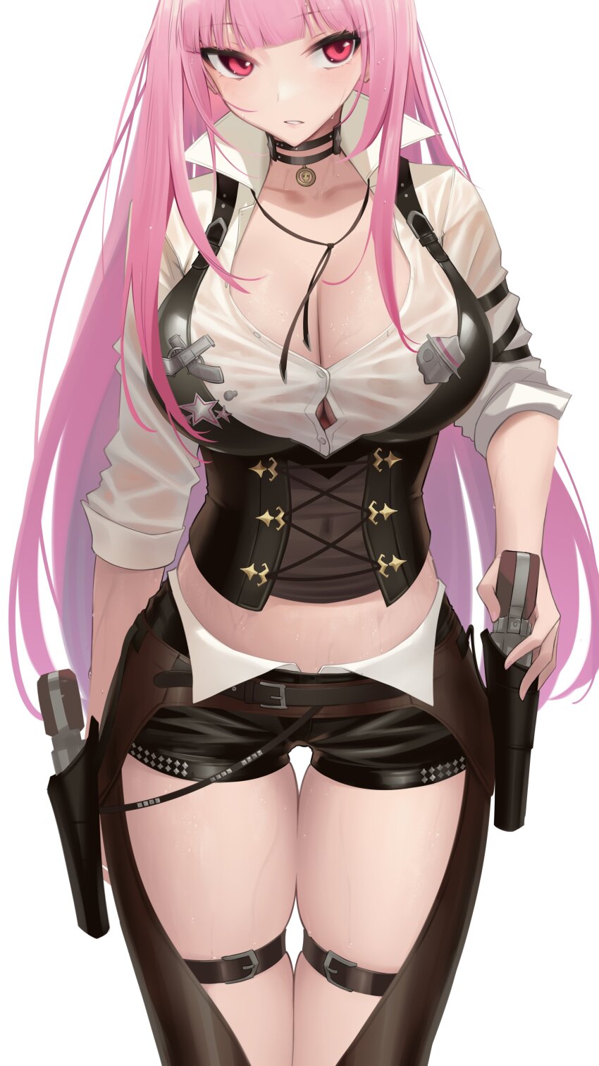 1girl absurdres breasts button_gap choker cleavage collared_shirt corset gun highres hololive hololive_english holster large_breasts long_hair midriff mori_calliope mori_calliope_(sheriff) pink_hair red_eyes sheriff_badge shirt shorts simple_background skindentation solo somebody_(leiking00) sweat thick_thighs thigh_gap thigh_strap thighs very_long_hair virtual_youtuber weapon wet wet_clothes wet_shirt white_background white_shirt