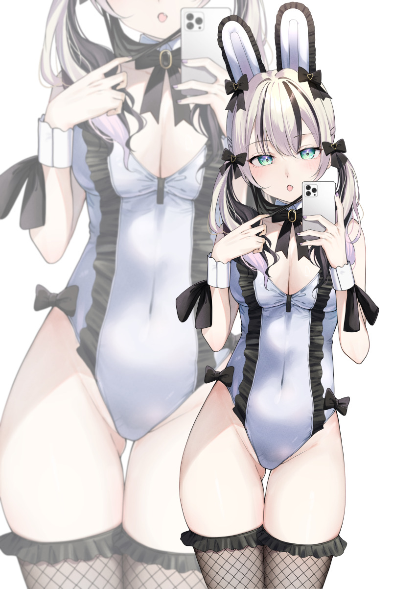 1girl absurdres alternate_costume animal_ears bare_shoulders black_bow black_bowtie black_gemstone black_mask blonde_hair bow bowtie breasts cleavage covered_navel cowboy_shot detached_collar fake_animal_ears fang fishnet_thighhighs fishnets frilled_leotard frilled_thighhighs frills gem green_eyes groin hair_between_eyes highres holding holding_phone iris_black_games kairi_(miry666) kurumi_noah leotard low_twintails mask mask_pull mouth_mask multicolored_hair nail_polish open_mouth phone playboy_bunny rabbit_ears solo streaked_hair thigh_gap thighhighs tongue twintails virtual_youtuber vspo! white_background white_leotard zoom_layer