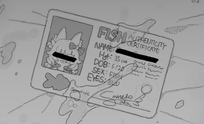 censored censored_identity commentary commentary_request english_commentary greyscale id_card indie_virtual_youtuber loli mixed-language_commentary monochrome possummachine sameko_saba