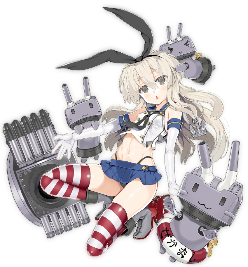 &gt;_&lt; 1girl :&lt; anchor_hair_ornament bare_shoulders black_hairband black_panties black_ribbon blue_sailor_collar blue_skirt boots char closed_eyes commentary_request elbow_gloves full_body gloves grey_eyes grey_footwear grey_hair hair_between_eyes hair_ornament hair_ribbon hairband head_tilt highleg highleg_panties highres kantai_collection long_hair looking_at_viewer midriff navel panties parted_lips pleated_skirt rensouhou-chan ribbon rudder_footwear sailor_collar school_uniform serafuku shimakaze_(kancolle) shirt skirt sleeveless sleeveless_shirt striped_clothes striped_thighhighs thighhighs torpedo triangle_mouth underwear very_long_hair white_background white_gloves white_shirt
