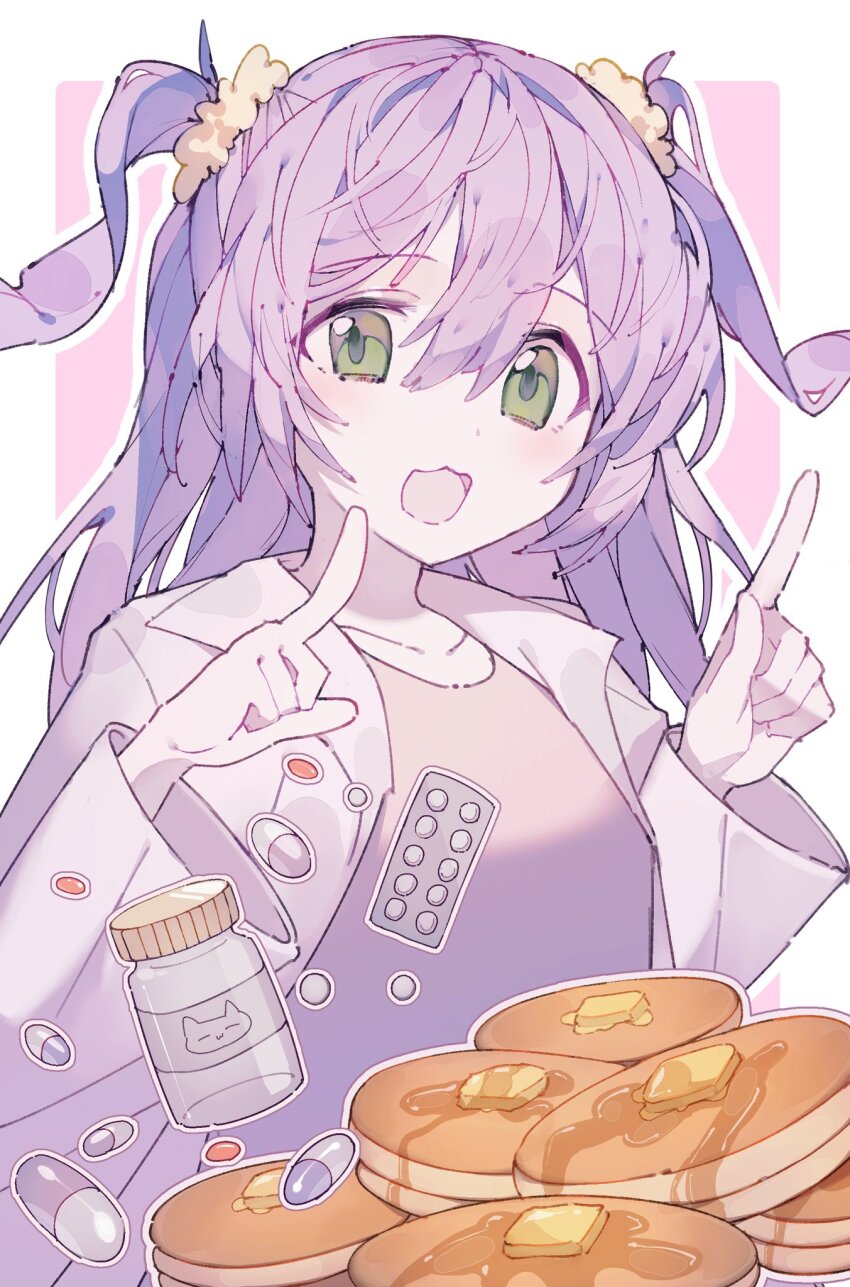 1girl :3 blister_pack blush border coat collarbone deep_(deep4946) food green_eyes hair_ornament hair_scrunchie hands_up highres index_fingers_raised lab_coat long_hair long_sleeves looking_at_viewer maple_syrup nemuri-chan okusuri_nonde_neyou_(vocaloid) open_clothes open_coat open_mouth outside_border pancake pancake_stack pill pill_bottle pink_background purple_hair scrunchie simple_background smile solo two_side_up upper_body vocaloid white_border white_coat