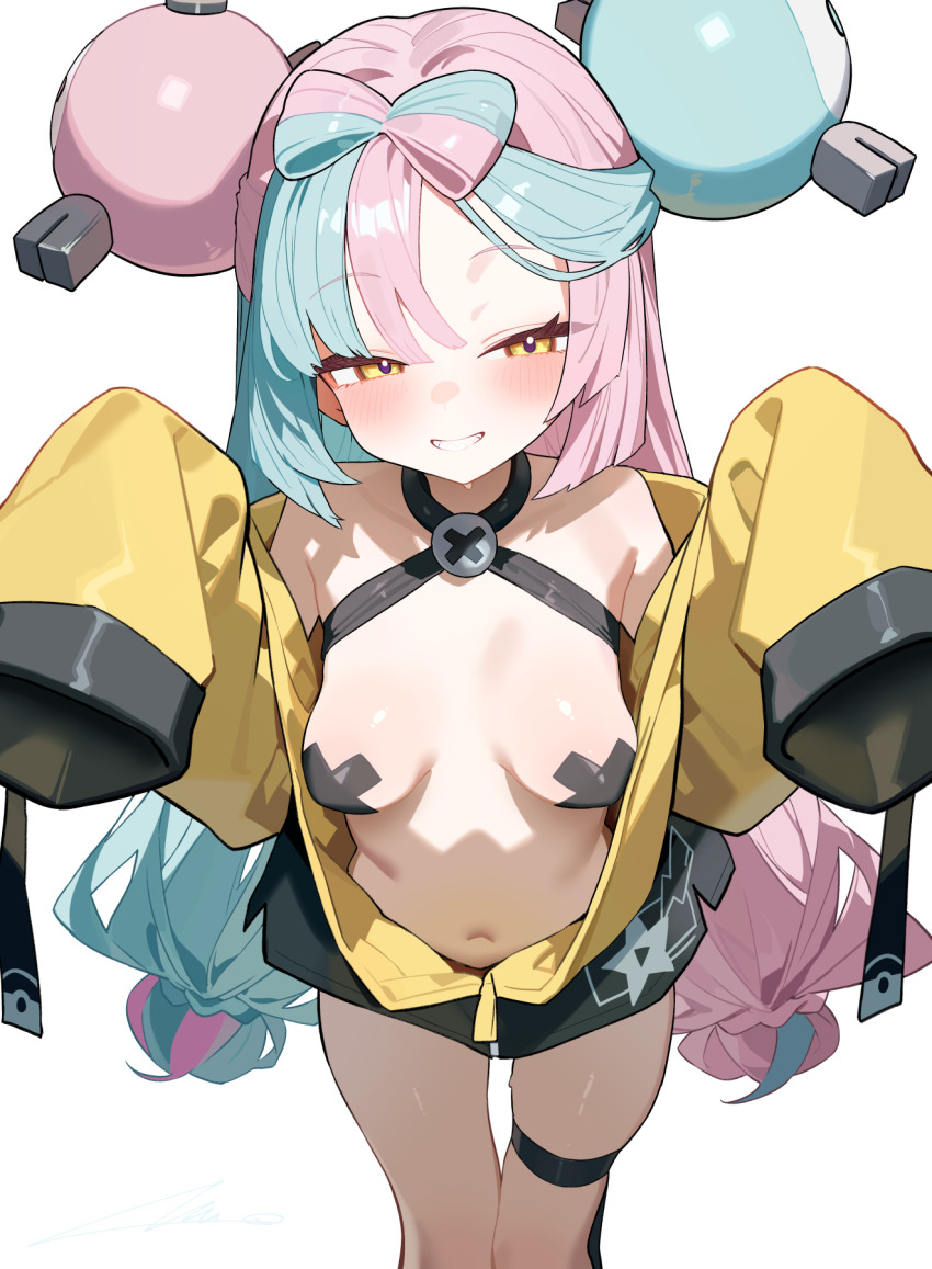 1girl bare_shoulders blue_hair blush bow-shaped_hair breasts character_hair_ornament commentary_request cross cross_pasties hair_ornament hands_up highres iono_(pokemon) jacket long_hair long_sleeves looking_at_viewer low-tied_long_hair multicolored_hair navel nintendo open_clothes open_jacket overlord_(overlord80000) pasties pink_hair pokemon pokemon_sv sharp_teeth simple_background sleeves_past_fingers sleeves_past_wrists small_breasts smile solo split-color_hair teeth thigh_strap two-tone_hair very_long_hair yellow_jacket