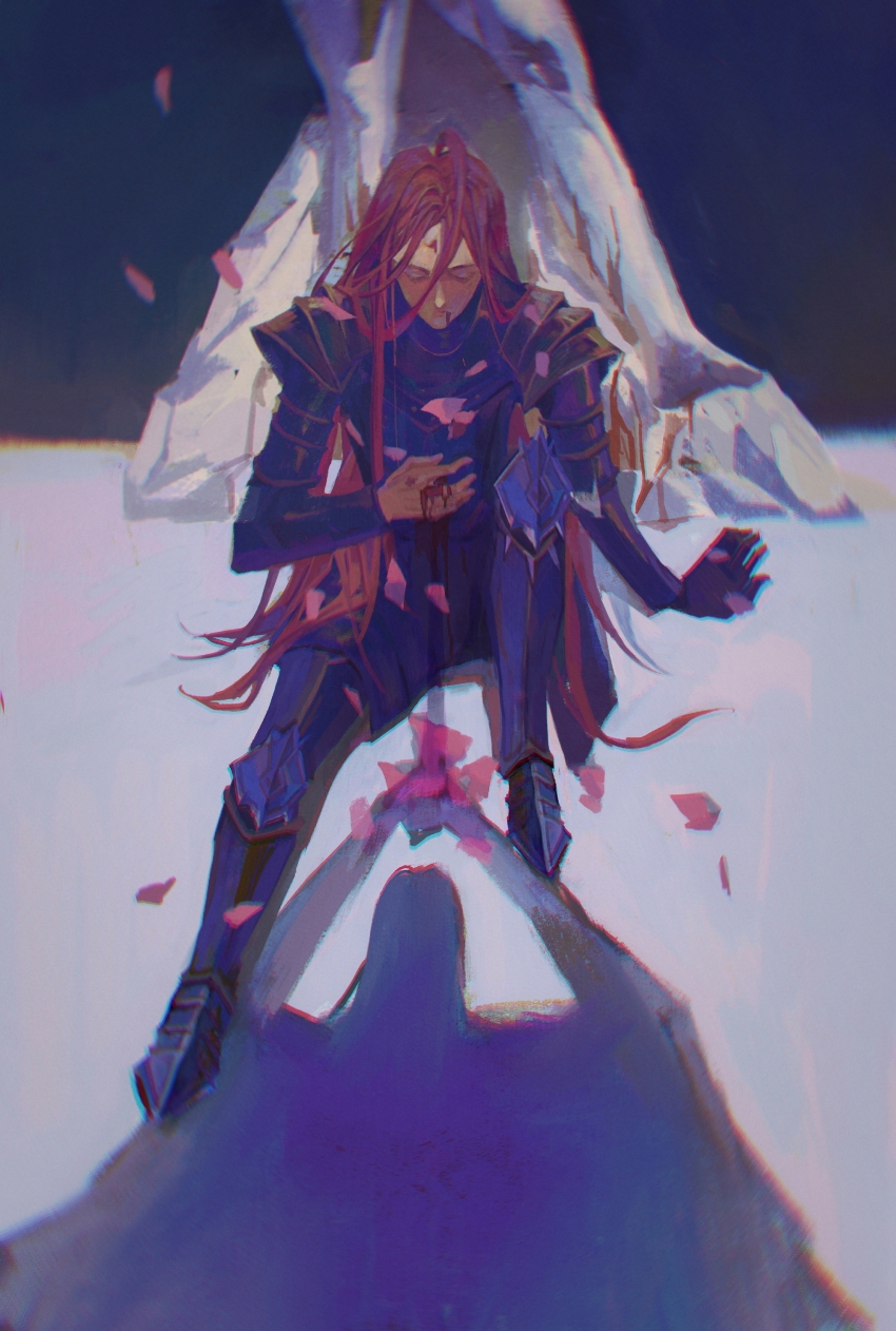 1boy absurdres against_rock armor blood blood_drip blood_from_mouth chinese_commentary closed_eyes commentary_request full_armor full_body ghost406 hair_between_eyes highres imminent_murder injury knee_up long_hair lord_of_the_mysteries male_focus medici_(lord_of_the_mysteries) night night_sky outdoors petals red_hair rock shadow sitting sky solo straight_hair thick_eyebrows very_long_hair