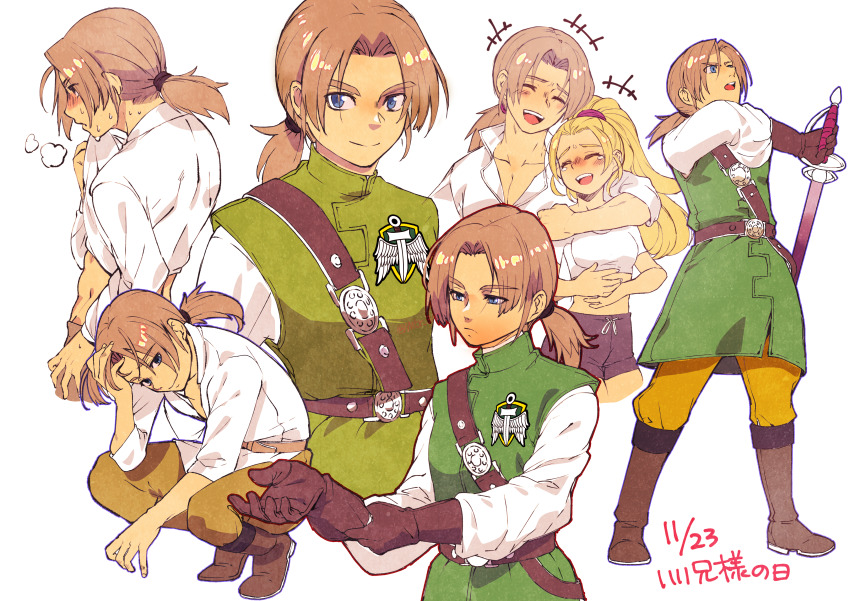 1boy 1girl absurdres adjusting_clothes adjusting_gloves alternate_costume anlucea arm_around_neck belt black_shorts blonde_hair blue_eyes boots brother_and_sister brown_belt brown_boots brown_gloves collarbone commentary_request cropped_shirt dated dragon_quest dragon_quest_x gloves green_tunic hand_in_own_hair heavy_breathing high_ponytail highres holding holding_sword holding_weapon laughing looking_at_viewer looking_to_the_side low_ponytail multiple_views open_mouth pants parted_bangs ponytail profile satounu sheath shirt shorts siblings sleeveless_tunic smile squatting sweat sword tears toned toned_male touma_(dq10) translation_request tunic unsheathing weapon white_background white_shirt wiping_face yellow_pants