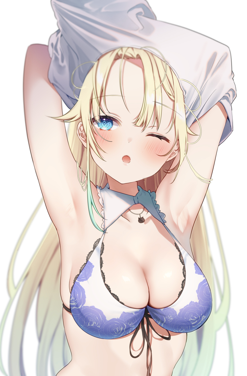 1girl ;o absurdres aizawa_ema aizawa_ema_(summer_c102) armpits arms_up bikini blonde_hair blue_bikini blue_eyes blush breasts cleavage diamond-shaped_pupils diamond_(shape) floral_print floral_print_bikini front-tie_bikini_top front-tie_top gradient_hair green_hair hair_flaps highres lace lace-trimmed_bikini lace_trim large_breasts long_hair looking_at_viewer multicolored_hair one_eye_closed open_mouth pome_charo simple_background skindentation solo swimsuit symbol-shaped_pupils undressing upper_body very_long_hair virtual_youtuber vspo! white_background white_bikini