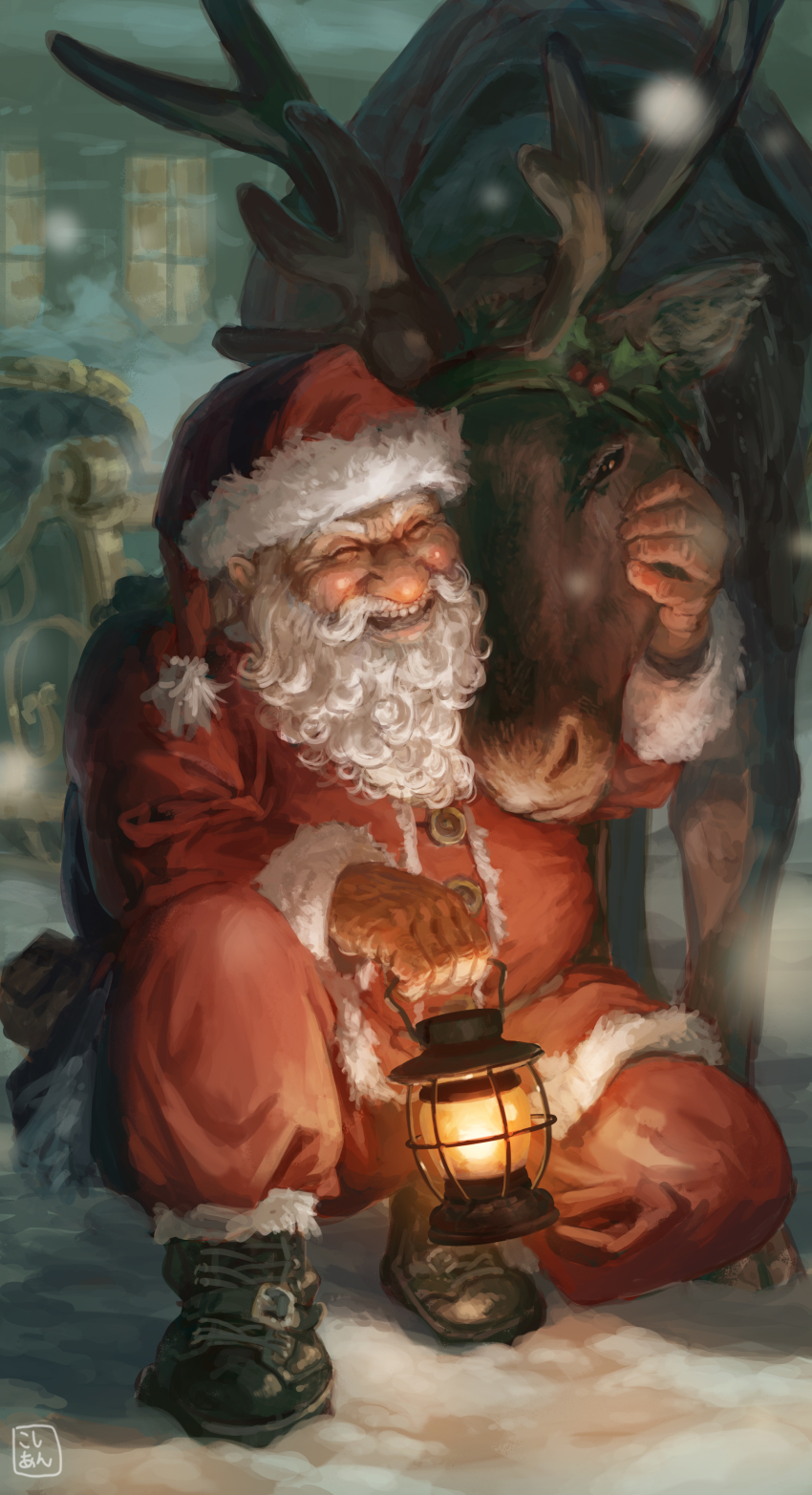 1boy absurdres animal antlers beard christmas commentary facial_hair hat highres holding holding_lantern horns kosian lantern laughing male_focus old old_man original outdoors petting reindeer santa_claus santa_costume santa_hat sled snow snowing squatting teeth