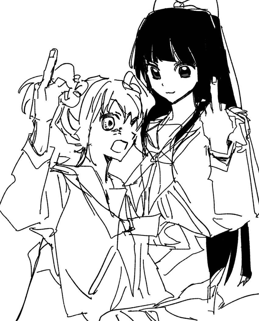 2girls :3 bow goguma_wagamja greyscale hair_bow hair_ornament highres long_hair looking_at_another monochrome multiple_girls neckerchief open_mouth pipimi poptepipic popuko sailor_collar school_uniform serafuku short_twintails sidelocks simple_background sitting sketch smile twintails two_side_up white_background
