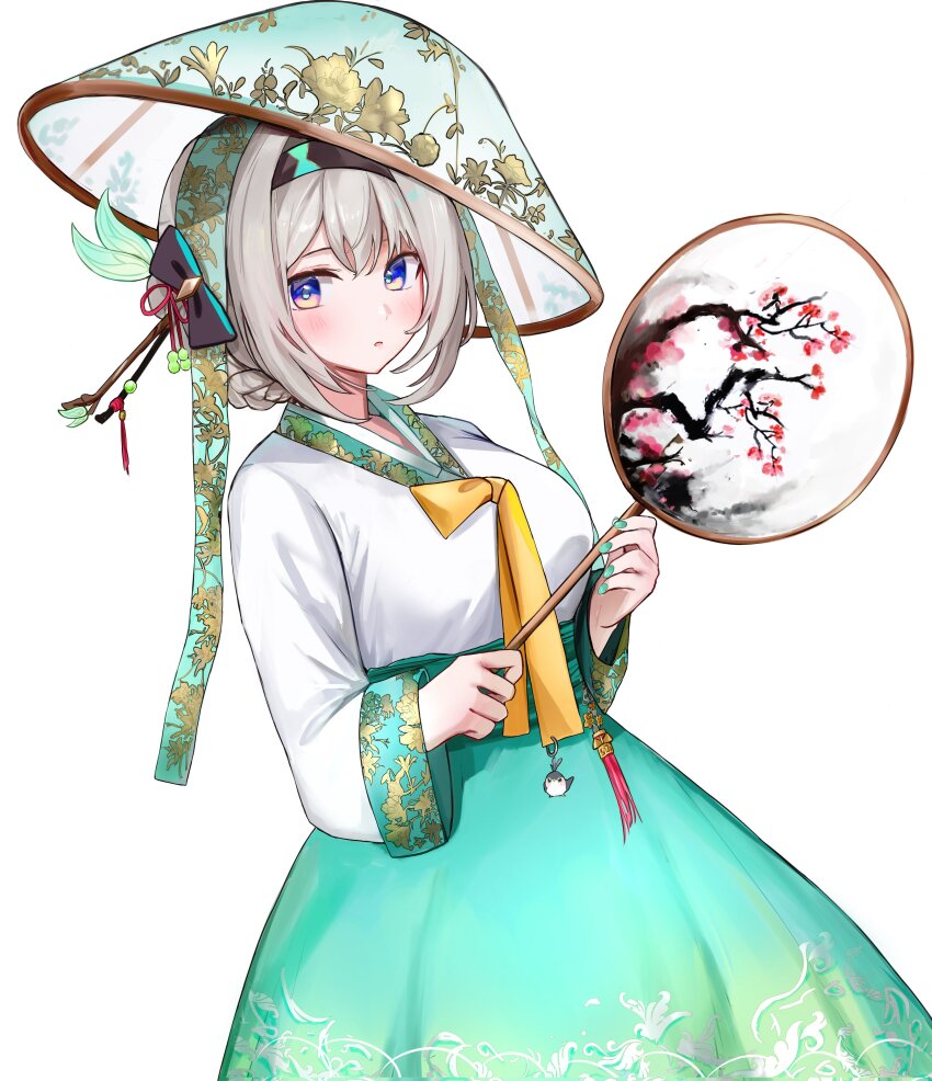 1girl absurdres alternate_costume aqua_skirt black_bow black_headband blush bow breasts commentary_request dana_(hapong07) firefly_(honkai:_star_rail) grey_hair hair_bow hair_ornament hand_fan headband headwear_request high-waist_skirt highres holding holding_fan honkai:_star_rail honkai_(series) large_breasts looking_at_viewer parted_lips purple_eyes shirt simple_background skirt solo white_background white_shirt