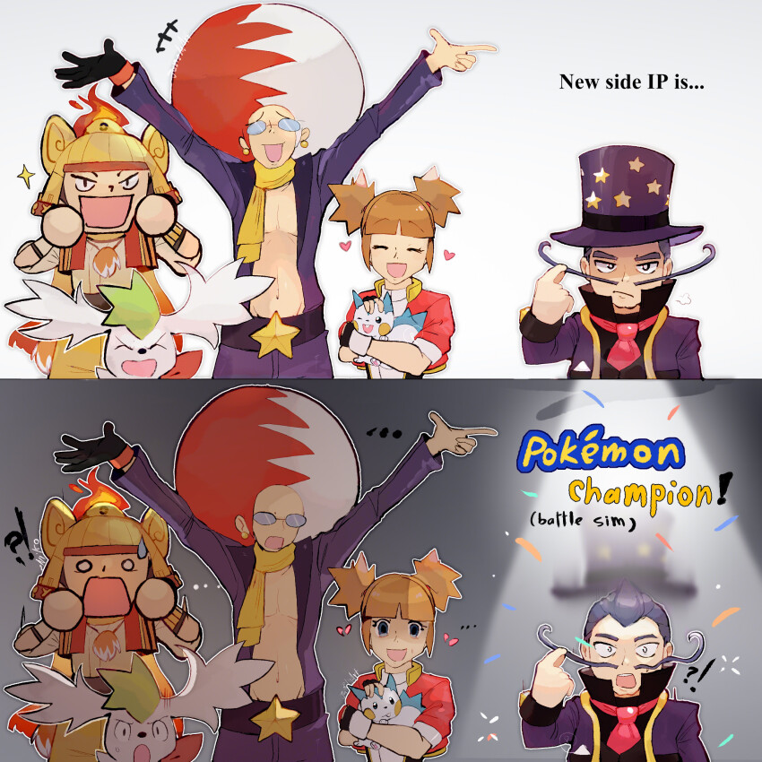 1girl 3boys afro armor gen_4_pokemon hat heartbroken helmet highres kate_(pokemon) legendary_pokemon miror_b._(pokemon) multiple_boys mysterial_(pokemon) mythical_pokemon nintendo pachirisu pokemon pokemon_battle_revolution pokemon_champions pokemon_conquest pokemon_mystery_dungeon pokemon_ranger pokemon_ranger_2 pokemon_ranger_uniform pokemon_ranger_vatonage pokemon_xd shaymin shaymin_(sky) surprised top_hat toyotomi_hideyoshi twirling_mustache