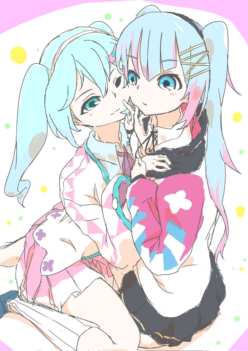 2girls aqua_eyes aqua_hair argyle_clothes argyle_sleeves blue_eyes blue_hair blunt_bangs casual cheek-to-cheek colored_tips commentary corrupted_twitter_file dual_persona floral_print hair_ornament hairband hairclip hand_on_another&#039;s_shoulder hatsune_miku heads_together highres kneehighs long_hair magical_mirai_(vocaloid) magical_mirai_miku magical_mirai_miku_(2020_summer) magical_mirai_miku_(2020_winter) miniskirt multicolored_hair multiple_girls neckerchief one_eye_closed pink_hair pink_skirt pleated_skirt purple_neckerchief shirt sitting sitting_on_person sketch skirt smile socks tororo51681849 twintails very_long_hair vocaloid white_shirt white_socks