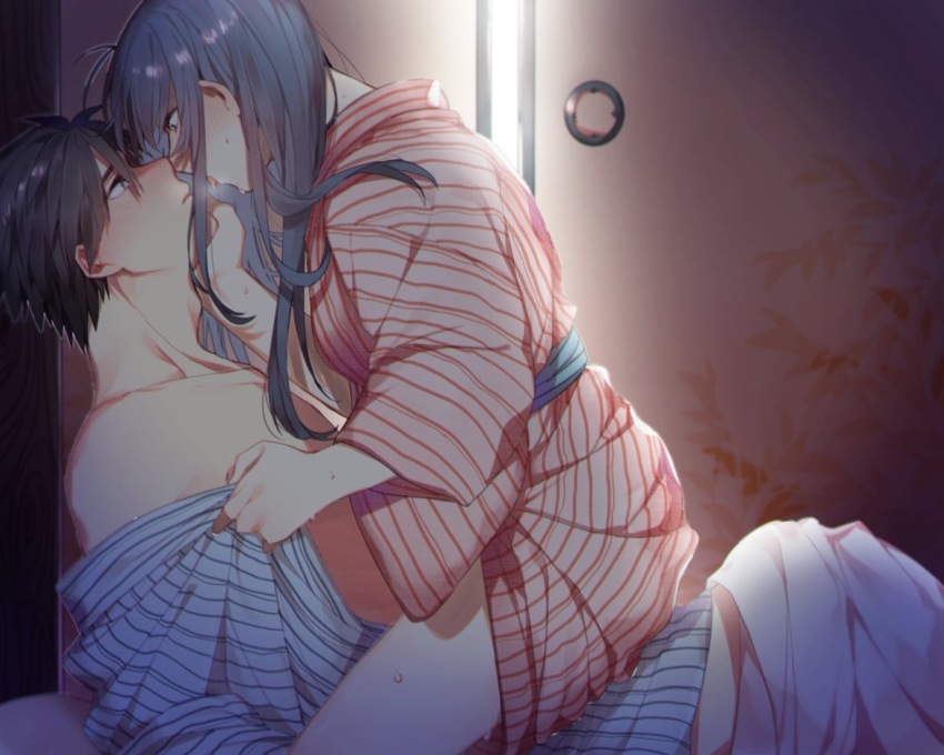 1boy 1girl backlighting bad_id bad_pixiv_id black_hair blue_eyes blue_hair blue_kimono brown_eyes chidori_kaname collar couple eye_contact floating_hair from_side full_metal_panic! girl_on_top hair_between_eyes hetero imminent_kiss japanese_clothes jugemu57107754 kimono long_hair looking_at_another open_clothes open_kimono open_mouth red_kimono sagara_sousuke striped_clothes striped_kimono sweatdrop thighs yukata