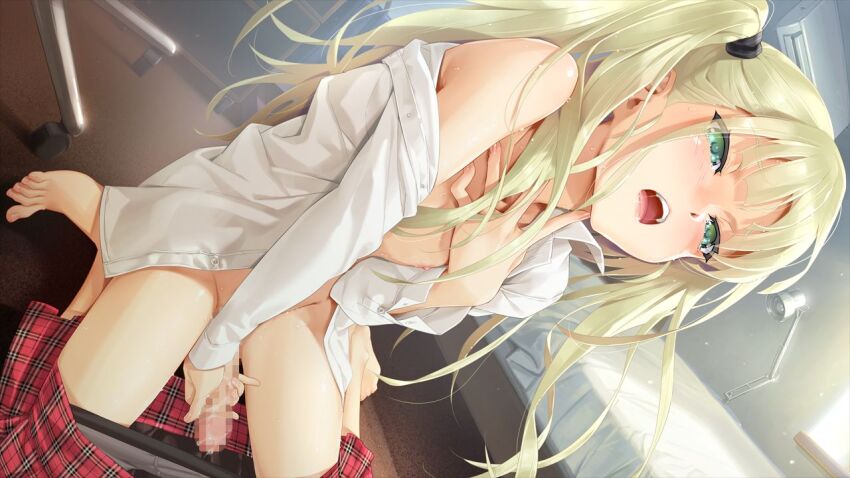 1boy bishoujo_mangekyou blonde_hair blush censored crossdressing crossdressing_(mtf) feet game_cg green_eyes happoubi_jin kannagi_yuuma long_hair male_focus masturbation nipples open_clothes open_mouth penis skirt solo trap twintails