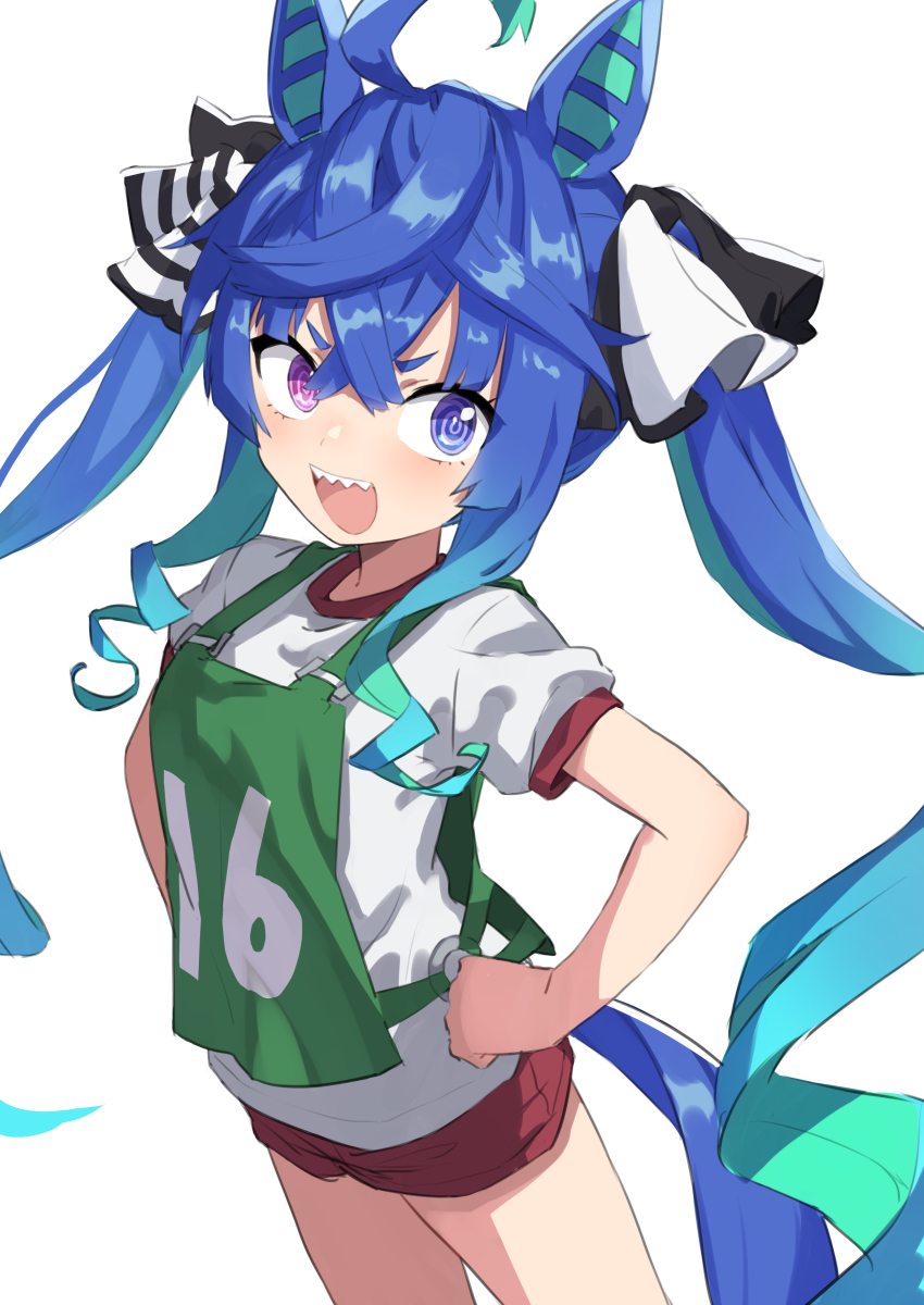 1girl :d @_@ absurdres ahoge animal_ears bib blue_eyes blue_hair gazacy_(dai) gym_shirt gym_shorts gym_uniform hair_between_eyes hands_on_own_hips heterochromia highres horse_ears horse_girl horse_tail open_mouth original_race_uniform_(umamusume) puffy_short_sleeves puffy_sleeves purple_eyes red_shorts sharp_teeth shirt short_eyebrows short_shorts short_sleeves shorts simple_background smile solo tail teeth thick_eyebrows twin_turbo_(umamusume) twintails umamusume v-shaped_eyebrows white_background white_shirt