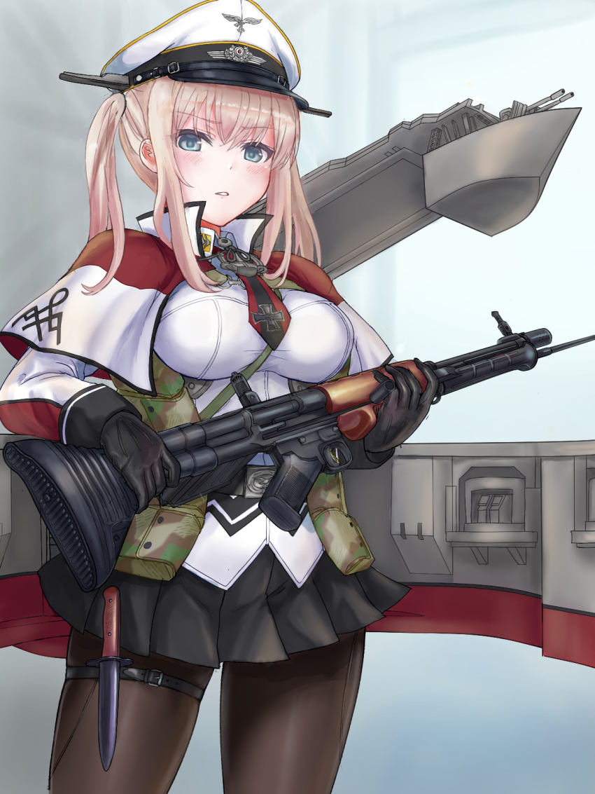 1girl automatic_rifle battle_rifle black_gloves black_pantyhose black_skirt blonde_hair blue_eyes blush breasts capelet cowboy_shot dagger em_s fg_42 gloves graf_zeppelin_(kancolle) gun hair_between_eyes hat highres holding holding_gun holding_weapon kantai_collection knife large_breasts long_hair long_sleeves machinery military military_uniform open_mouth pantyhose peaked_cap pleated_skirt rifle rigging ship_turret sidelocks skirt solo twintails weapon white_hat