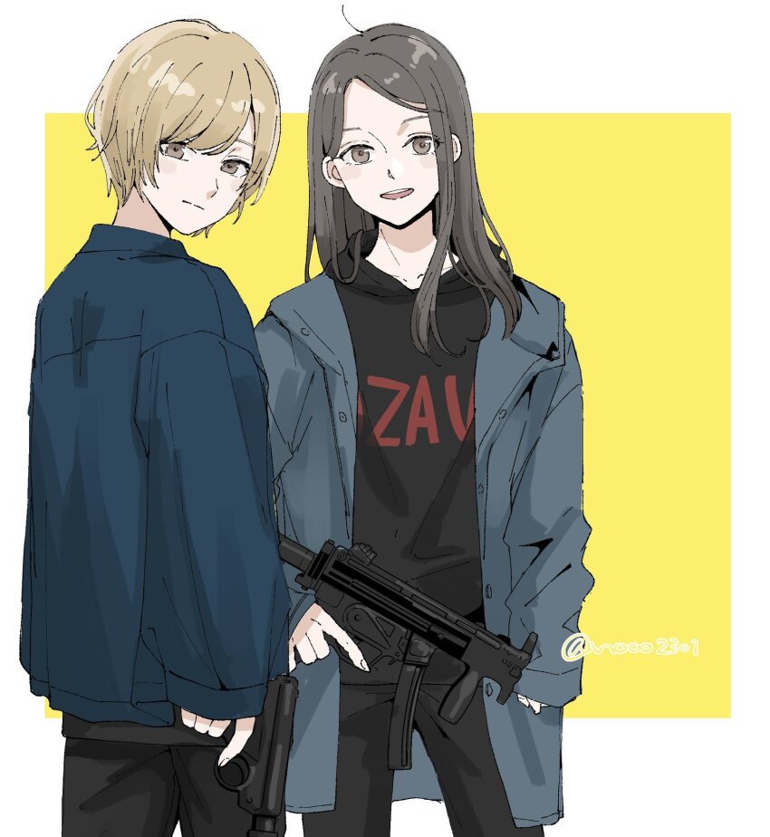1boy 1girl animification baby_walkure black_hair black_hoodie black_pants blue_coat blue_jacket border brown_eyes closed_mouth clothes_writing coat commentary_request cowboy_shot foregrip fukagawa_mahiro gun h&amp;k_mp5k handgun highres holding holding_gun holding_weapon hood hood_down hoodie jacket light_brown_hair long_hair long_sleeves looking_at_viewer nozawa_(nooo1709) open_mouth outside_border pants simple_background standing submachine_gun sugimoto_chisato teeth trigger_discipline twitter_username upper_teeth_only vertical_foregrip weapon white_border yellow_background