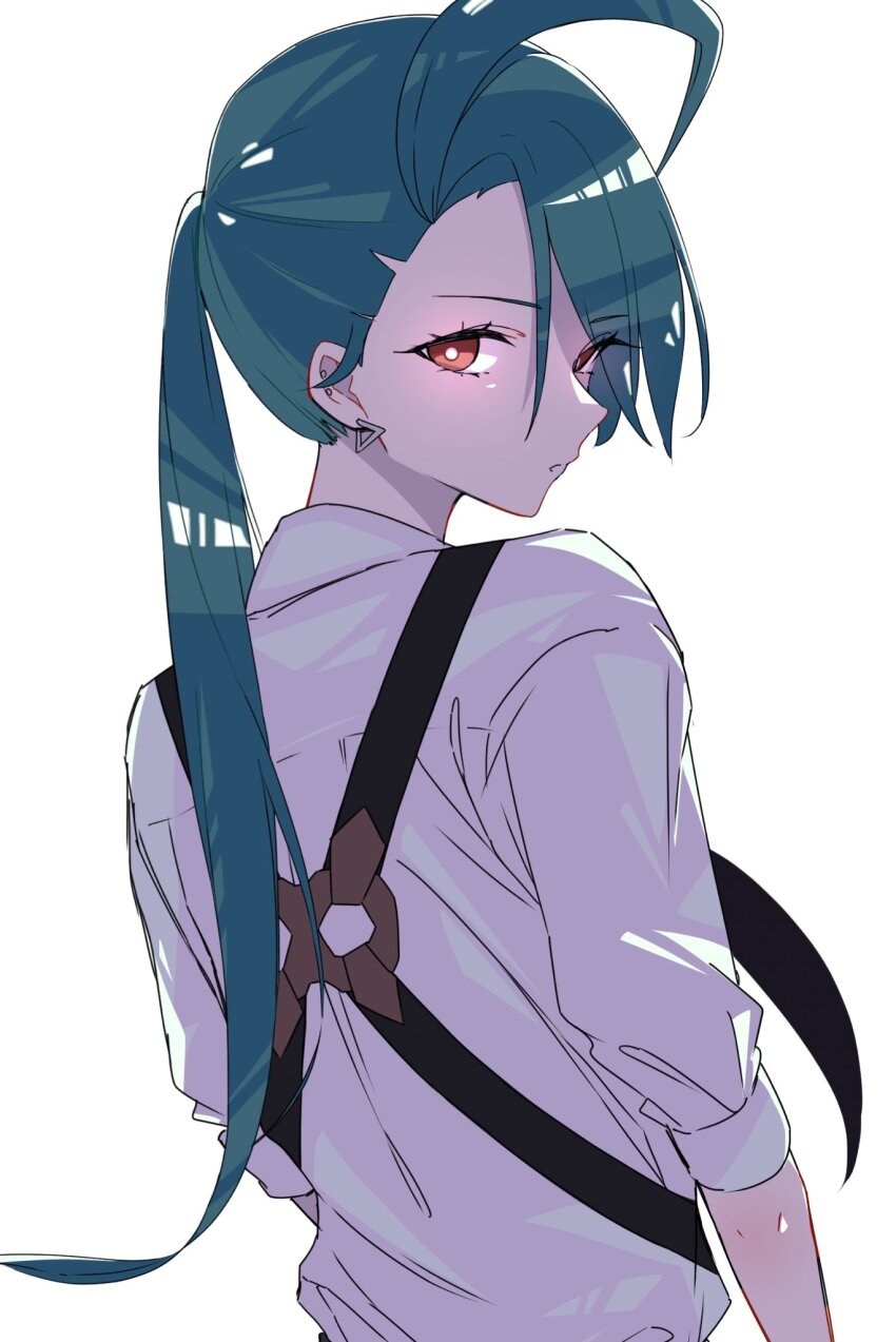 1girl ahoge androgynous asymmetrical_bangs back black_necktie bright_pupils collared_shirt creatures_(company) ear_piercing earrings game_freak green_hair highres jewelry long_hair looking_back marie_(pixiv59672544) necktie nintendo piercing pokemon pokemon_sv ponytail red_eyes reverse_trap rika_(pokemon) shirt sleeves_rolled_up solo suspenders triangle_earrings white_pupils