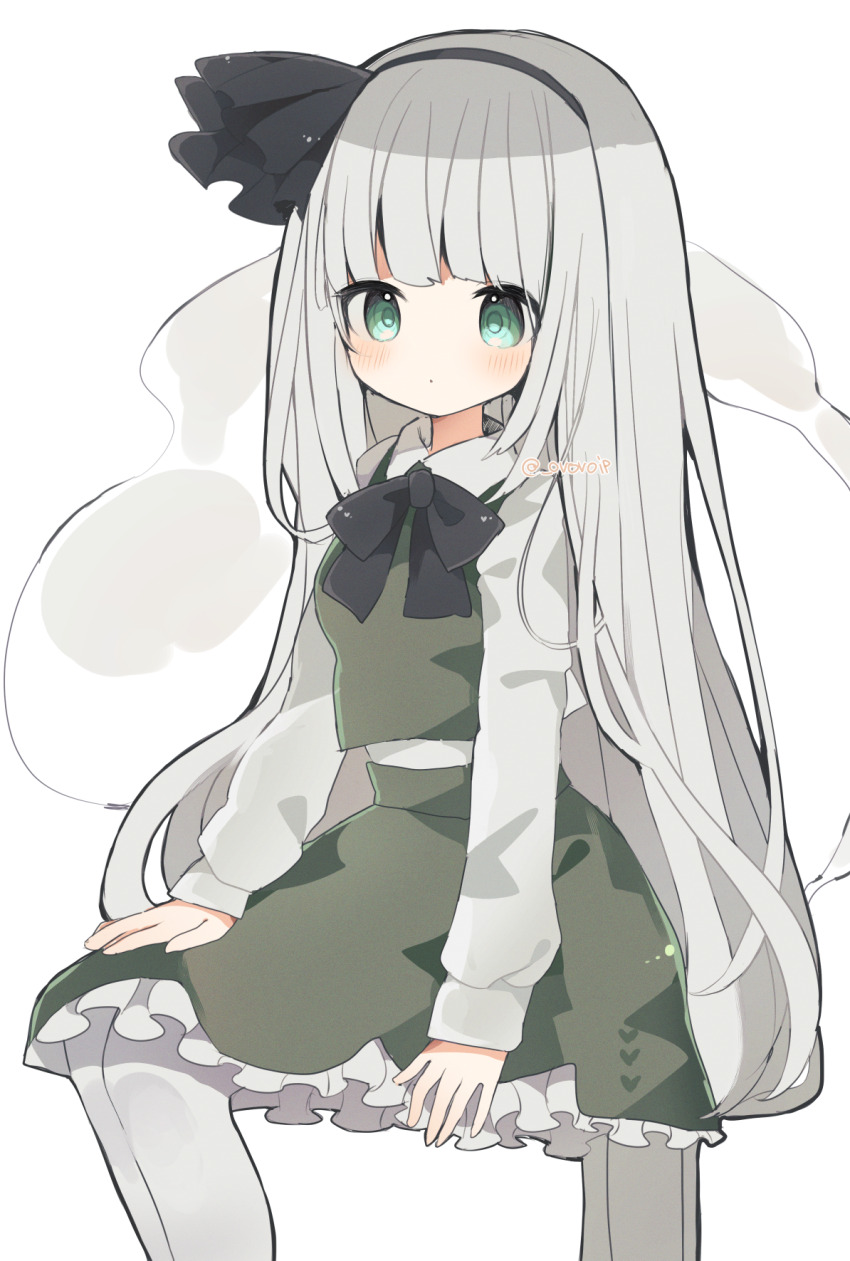 1girl alternate_hair_length alternate_hairstyle black_bow black_bowtie black_hairband blush bow bowtie closed_mouth collared_shirt commentary_request cowboy_shot dot_mouth frilled_skirt frills green_eyes green_skirt green_vest hairband highres konpaku_youmu long_hair long_sleeves looking_at_viewer ovoip pantyhose shirt sidelocks simple_background skirt skirt_set solo standing touhou very_long_hair vest white_background white_hair white_pantyhose white_shirt