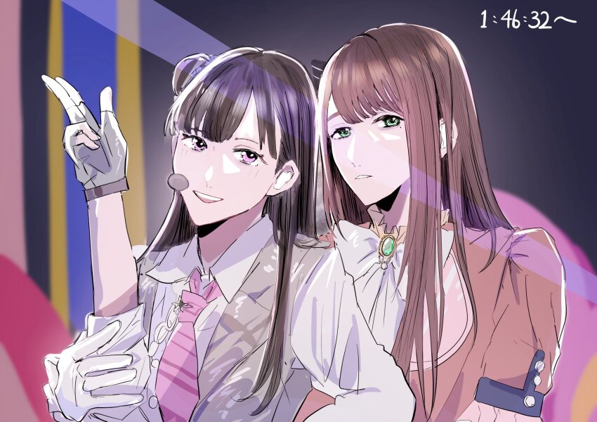 2girls :d animification black_bow black_hair bloom_the_smile_bloom_the_dream! blunt_bangs blurry blurry_background bow break_the_system_(love_live!) brown_hair commentary_request diagonal-striped_clothes diagonal-striped_necktie gloves green_eyes grey_vest hair_bow hair_bun hanamiya_nina hand_on_another&#039;s_arm headset highres link!_like!_love_live! long_hair love_live! love_live!_nijigasaki_high_school_idol_club love_live!_series_asia_tour_2024 multiple_girls necktie on_your_mark_(love_live!) oonishi_aguri open_clothes open_mouth open_vest parted_lips pink_eyes pink_necktie pinstripe_bow real_life sidelocks single_side_bun smile striped_clothes three-quarter_sleeves timestamp vest voice_actor white_gloves zuisetsu