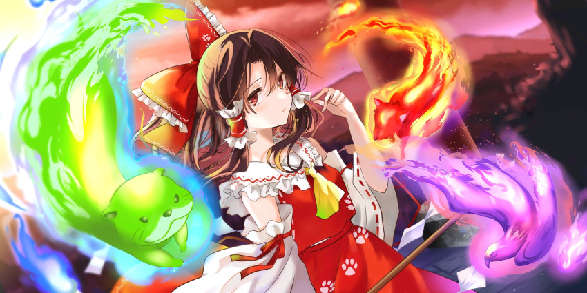 1girl ascot bird bow closed_mouth commentary detached_sleeves eagle eagle_spirit_(touhou) english_commentary frilled_bow frilled_hair_tubes frills game_cg gohei hair_bow hair_tubes hakurei_reimu highres holding holding_gohei long_hair looking_at_viewer official_art otter otter_spirit_(touhou) paw_print paw_print_pattern poprication red_bow red_eyes red_skirt ribbon-trimmed_sleeves ribbon_trim skirt skirt_set solo third-party_source touhou touhou_lostword wily_beast_and_weakest_creature wolf wolf_spirit_(touhou) yellow_ascot