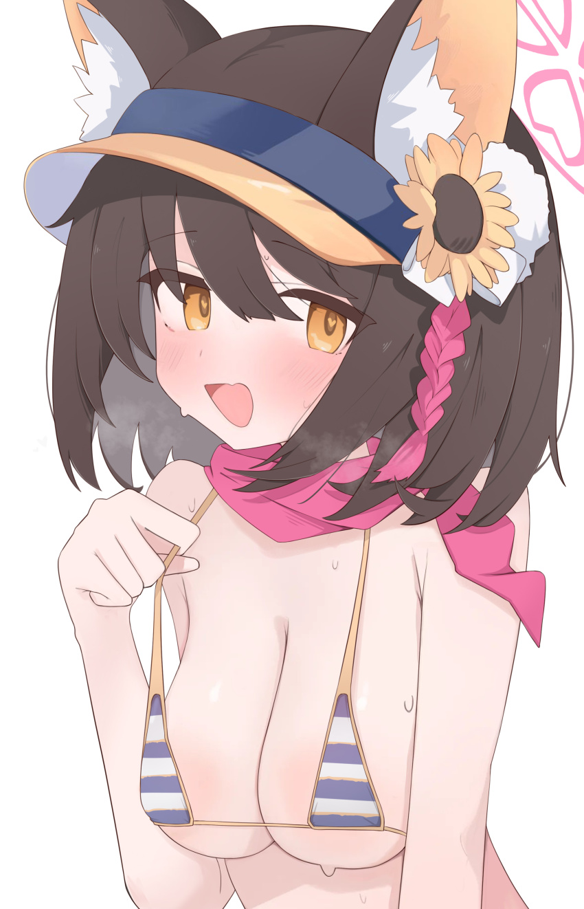 1girl absurdres animal_ears bikini blue_archive blue_bikini breasts brown_hair fox_ears fox_girl gu_meng_yin halo highres izuna_(blue_archive) izuna_(swimsuit)_(blue_archive) large_breasts looking_at_viewer open_mouth orange_eyes pink_halo pink_scarf scarf short_hair simple_background solo striped_bikini striped_clothes swimsuit upper_body visor_cap white_background