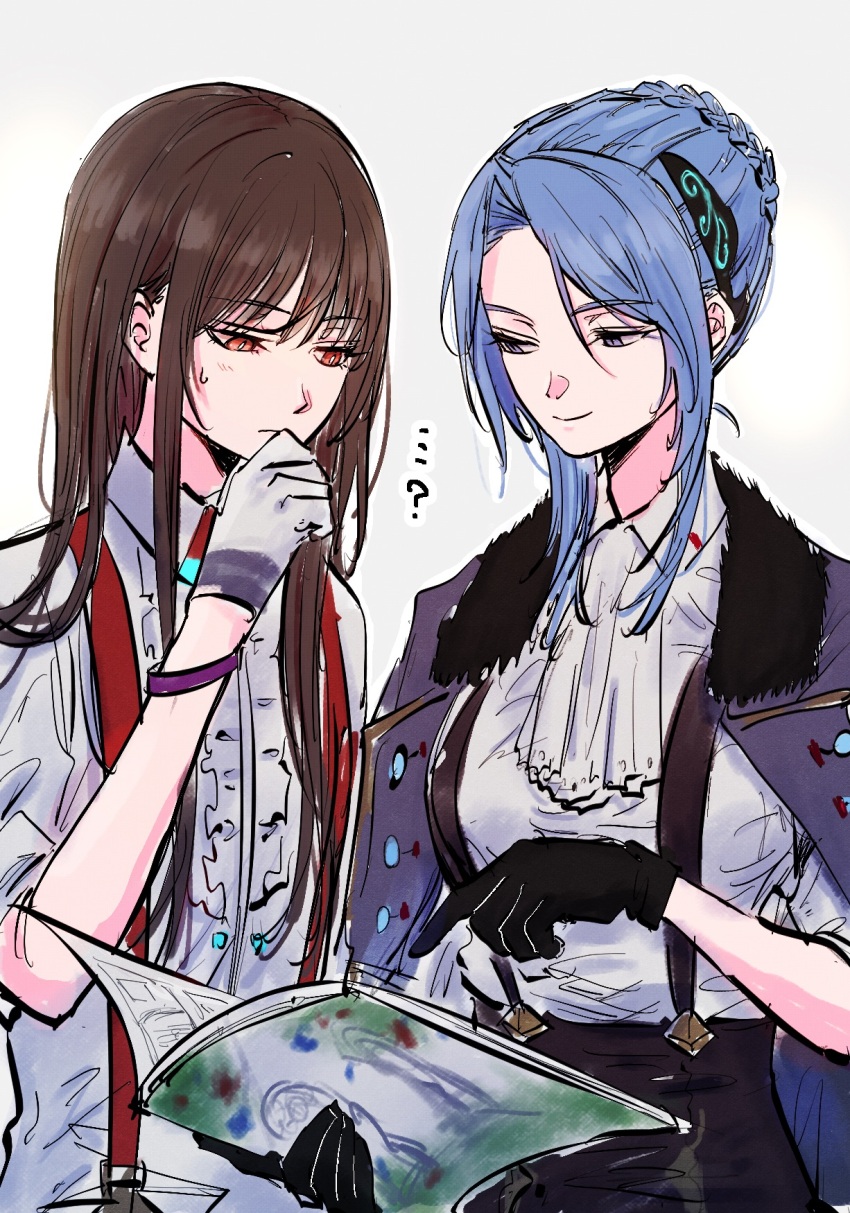 ...? 2girls black_gloves blue_hair book brown_hair center_frills closed_mouth coat coat_on_shoulders collared_shirt commentary_request frills gloves hair_bun hanamura_shiki hand_up heaven_burns_red highres holding holding_book kulfiq long_hair multiple_girls open_book purple_coat red_eyes shirt sidelocks simple_background smile standing suspenders sweatdrop white_background white_gloves white_shirt yanagi_mion