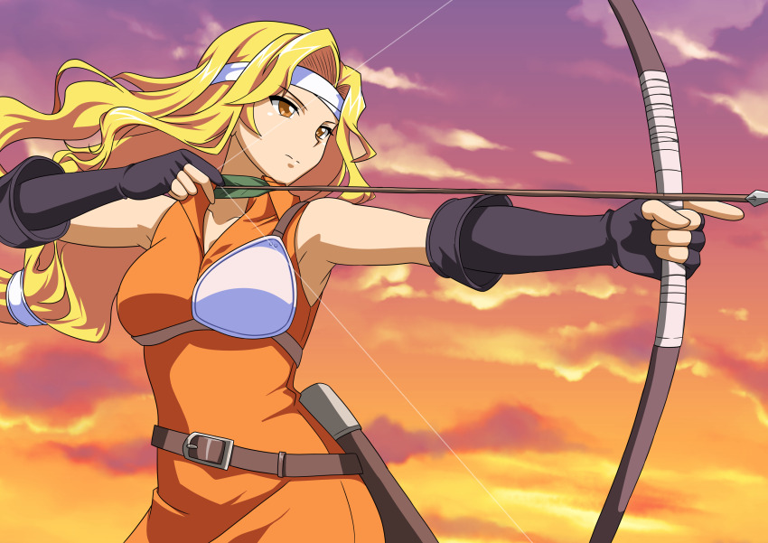 1girl blonde_hair bow_(weapon) breasts brigid_(fire_emblem) cloud commission fingerless_gloves fire_emblem fire_emblem:_genealogy_of_the_holy_war gloves headband highres holding holding_bow_(weapon) holding_weapon large_breasts long_hair looking_to_the_side medium_breasts nintendo pixiv_commission shirt sky sleeveless sleeveless_shirt solo weapon white_headband yuuyuu_(3jjbn)
