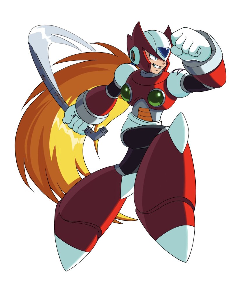 1boy android arm_up armor blonde_hair blue_eyes chest_jewel clenched_hands clenched_teeth commission dashing evil_smile forehead_jewel full_body helmet highres holding holding_tube holding_weapon jewelry long_hair mega_man_(series) mega_man_x1 mega_man_x_(series) ponytail red_armor red_helmet robot robot_ears simple_background smile solo sprinqgueen teeth very_long_hair weapon white_background zero_(mega_man)