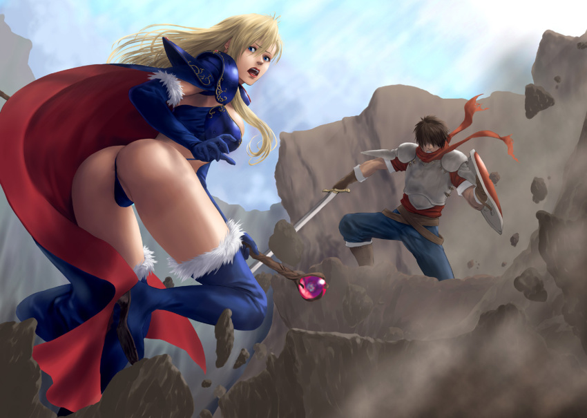1boy 1girl ares_(brandish) ares_toraernos ass blonde_hair blue_eyes blue_footwear blue_gloves boots brandish brandish_(video_game) breasts cape dela_delon eiyuu_densetsu elbow_gloves faceless faceless_male falcom fur-trimmed_boots fur-trimmed_elbow_gloves fur-trimmed_footwear fur-trimmed_gloves fur_trim gloves large_breasts lipstick long_hair long_sword looking_back makeup medium_breasts open_mouth outdoors partially_visible_anus partially_visible_vulva pussy_bulge revealing_clothes ryu_(gaquarium) shield staff sword thong weapon