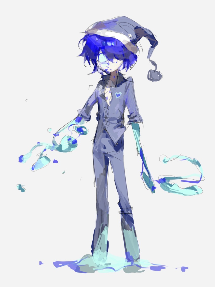 1boy blue_hair blue_hat blue_pants blue_shirt body_horror chinese_commentary closed_mouth commentary_request full_body grey_background hat highres nightcap original pants partially_unbuttoned shirt short_hair simple_background sketch solo vihua6