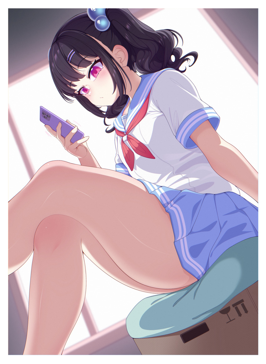 1girl absurdres arm_support black_hair blue_sailor_collar blue_skirt blush box cardboard_box cellphone crossed_legs hair_bobbles hair_ornament hairclip highres holding holding_phone indoors medium_hair original phone pink_eyes pleated_skirt sailor_collar school_uniform shirt short_sleeves sidelocks sitting skirt smartphone solo thighs white_shirt window yao_(pixiv9482697)