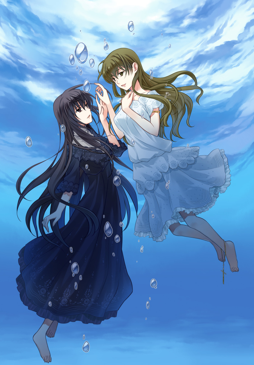 2girls air_bubble akanegasaki_sora anklet black_dress black_hair blue_background breasts brown_hair bubble cross day dress ever_17 hand_up highres jewelry komachi_tsugumi long_skirt medium_breasts multiple_girls official_art outdoors skirt takigawa_yuu tearing_up underwater white_dress