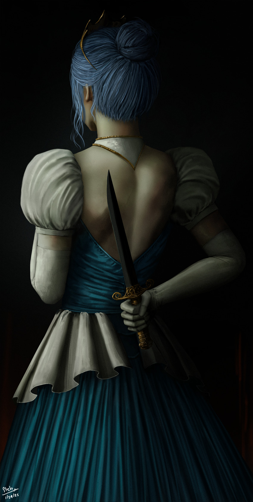 1girl alternate_costume alternate_hairstyle artist_name backless_dress backless_outfit black_bow blue_dress blue_hair bow commentary cowboy_shot dated detached_collar dress elbow_gloves english_commentary facing_away frilled_dress frills from_behind gloves gold_tiara hair_bun highres hikari_(blue_archive) holding holding_behind_back holding_knife holding_knife_behind_back hololive hoshimachi_suisei knife long_dress long_hair simple_background solo steb two-tone_dress virtual_youtuber white_gloves
