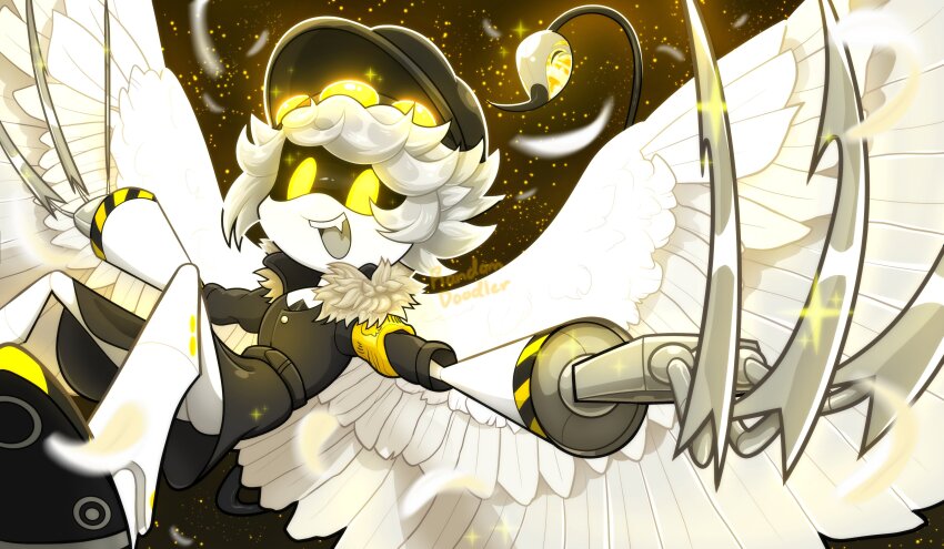 1boy absurdres claws coat feathers glitch_productions hat highres mechanical_tail murder_drones n_(murder_drones) no_humans robot tail weapons wings yellow_eyes