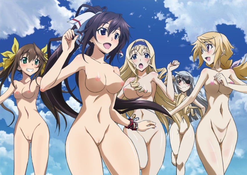5girls blonde_hair breasts brown_hair cecilia_alcott charlotte_dunois completely_nude green_eyes grey_hair huang_lingyin infinite_stratos large_breasts laura_bodewig long_hair medium_breasts midriff multiple_girls nipples nude nude_filter official_art_nude_filter purple_eyes red_eyes shinonono_houki short_hair small_breasts third-party_edit twintails