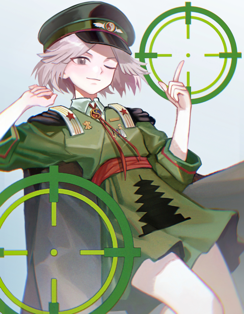 1other absurdres androgynous bare_legs black_cape black_hat blue_background blunt_bangs brooch cape chinese_commentary closed_mouth commentary_request cowboy_shot crosshair dress fujiwara_no_shirogane_no_sanra green_dress grey_eyes grey_hair happy hat highres jewelry knees len&#039;en light_blush long_sleeves looking_ahead medal military_hat military_uniform neck_ribbon one_eye_closed other_focus pagoda parted_bangs peaked_cap pointing pointing_up red_ribbon red_sash ribbon sash sdz_(inazuma) short_dress short_hair simple_background sleeve_cuffs smile solo standing star_(symbol) three-quarter_sleeves waist_sash wing_print yin_yang yin_yang_print