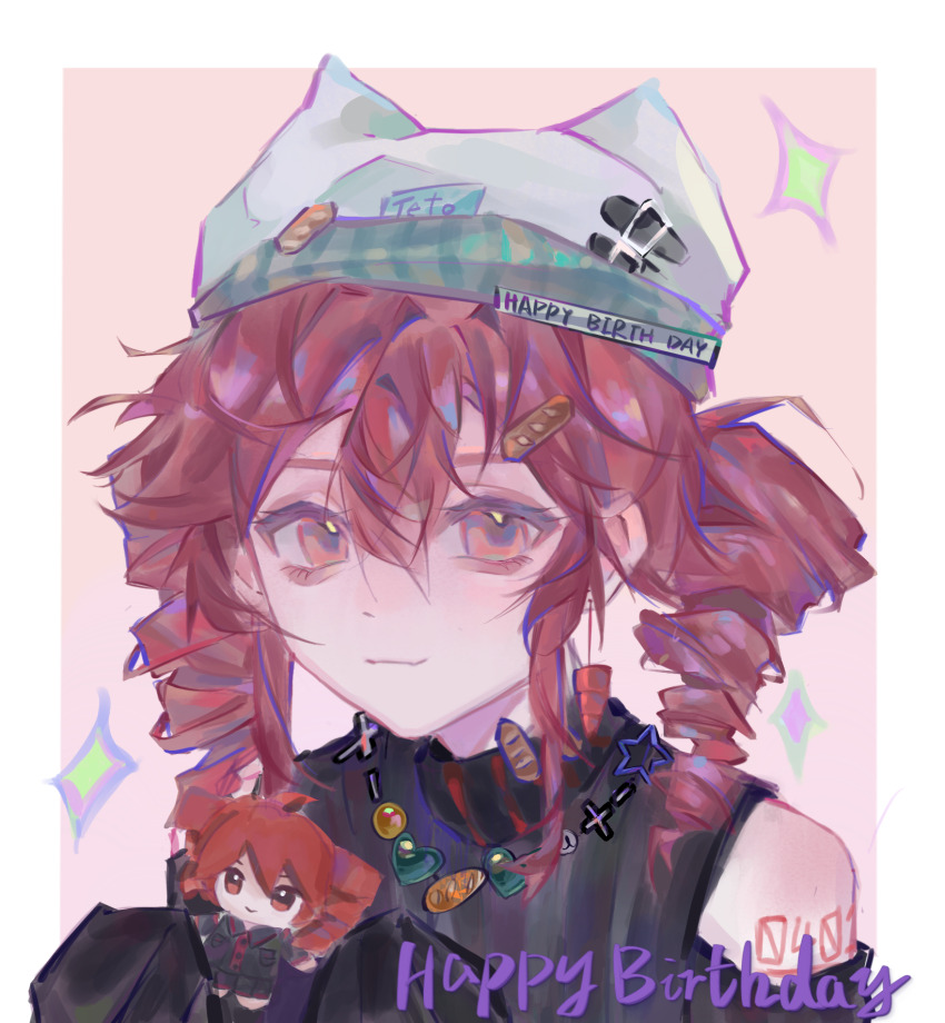 1girl alternate_costume bare_shoulders black_sleeves black_sweater bread_hair_ornament chinese_commentary closed_mouth commentary_request detached_sleeves drill_hair english_text food-themed_hair_ornament hair_between_eyes hair_ornament happy_birthday highres jewelry kasane_teto necklace portrait red_eyes red_hair ribbed_sweater sleeveless sleeveless_sweater smile solo sweater turtleneck turtleneck_sweater twin_drills utau zongmouren53553