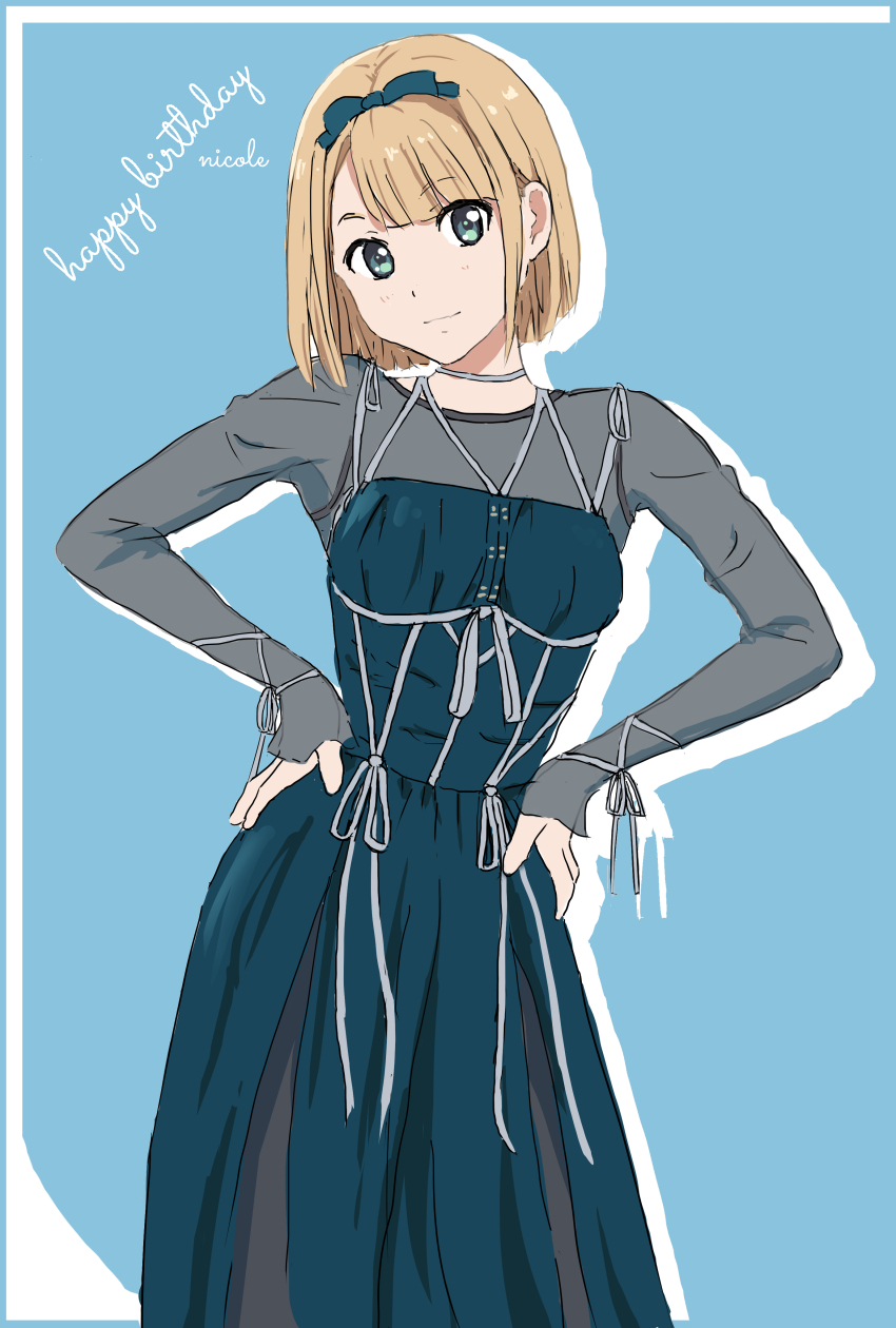 1girl 22/7 absurdres ato_de_wakaru_koto blonde_hair blue_background character_name closed_mouth dress feet_out_of_frame green_dress green_eyes green_ribbon hair_ribbon hairband hands_on_own_hips happy_birthday highres ribbon saito_nicole see-through_clothes see-through_dress short_hair solo tetu_rou white_ribbon
